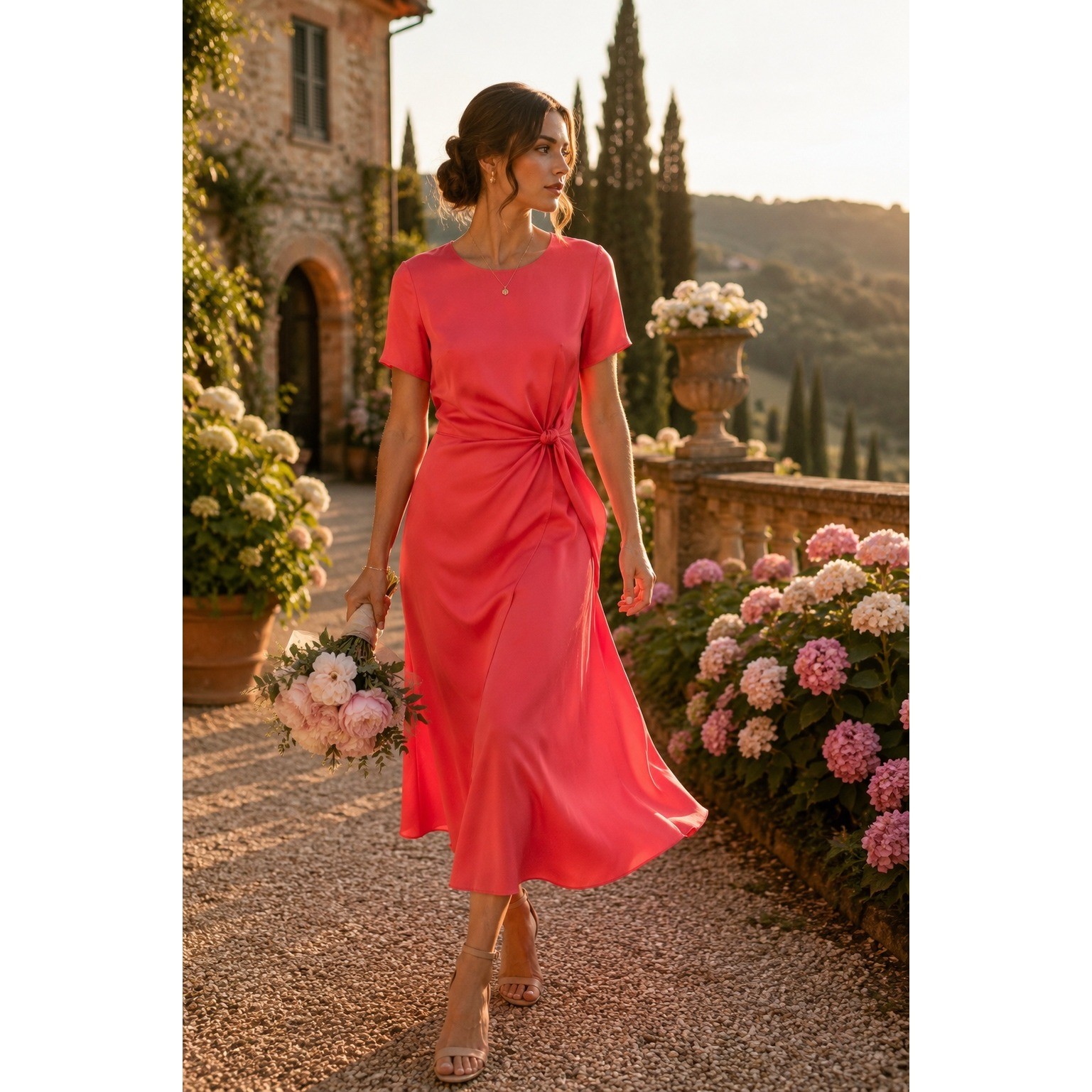 Patrick Petite 100% Pure Silk Midi Dress Coral Pink Side Tie Wrap Style Size 10