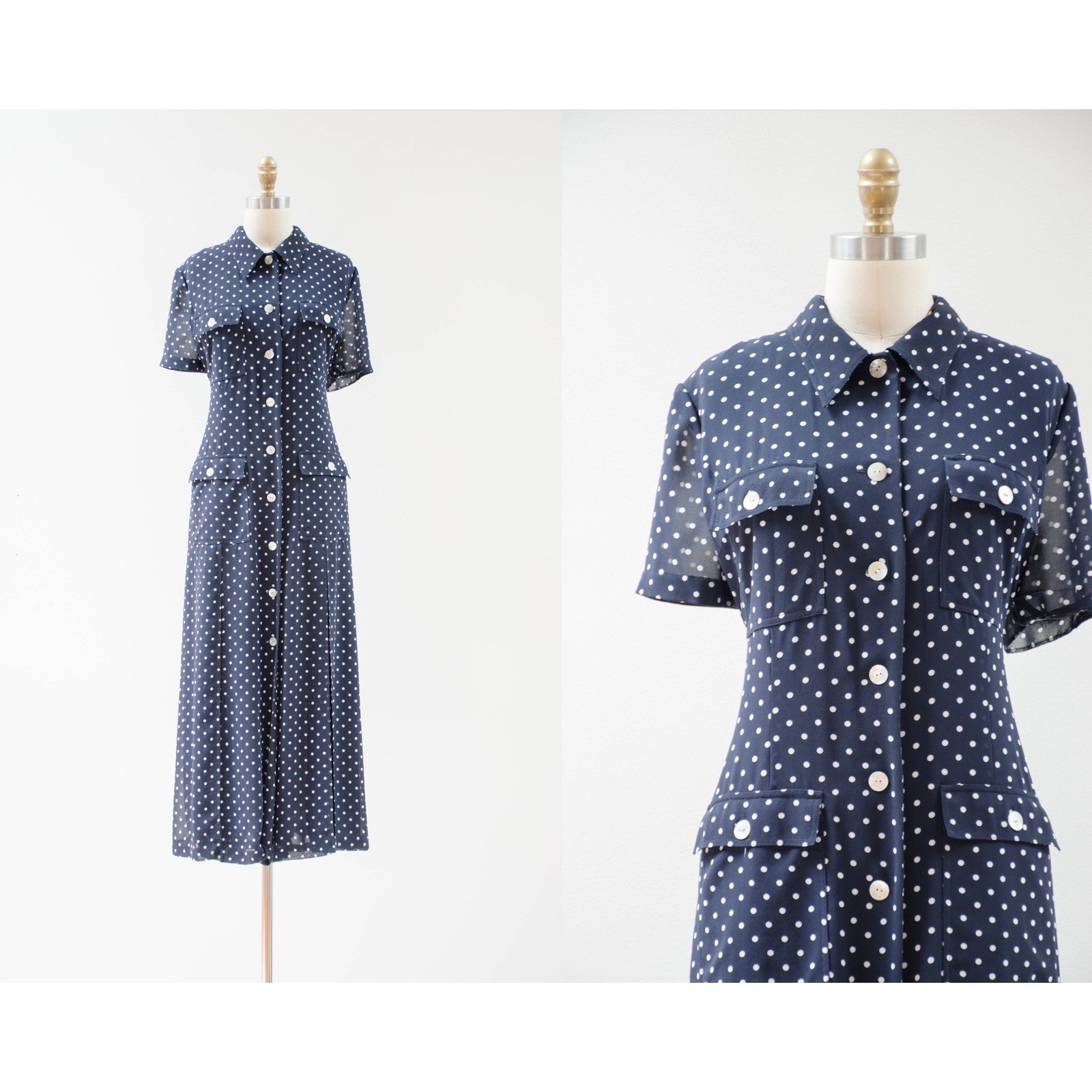 90s vtg navy blue polka dot loose oversized chiffon maxi dress