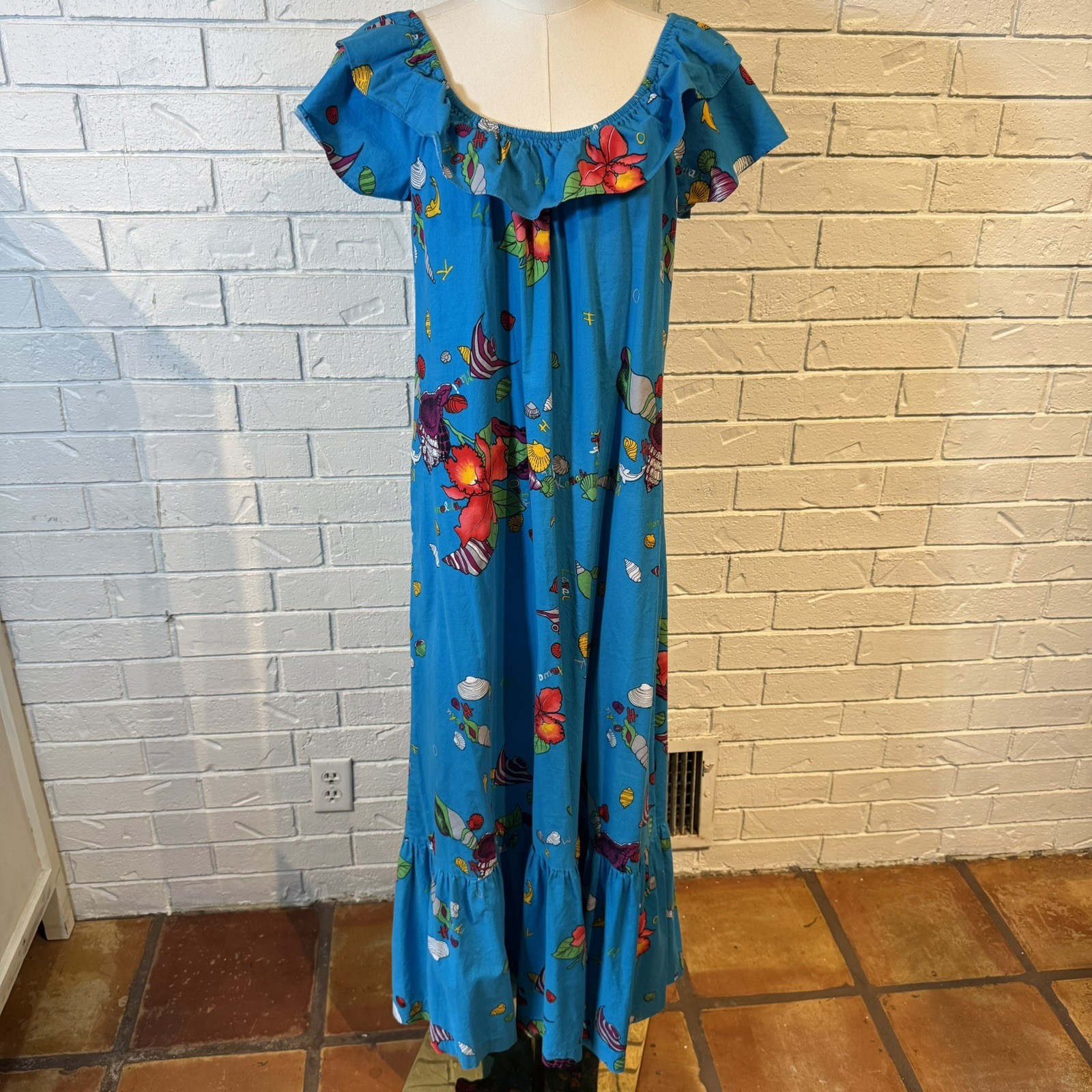 Vintage Hilo Hattie Hawaiian Ruffle Maxi Dress Womens M/L