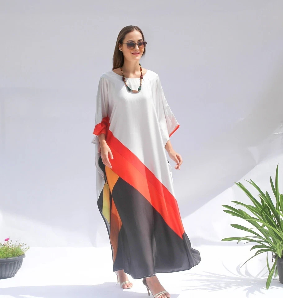 Soft Satin Silk Geometric Harmony Luxe Kaftan, Long Kaftan, Beach Wear, J5846