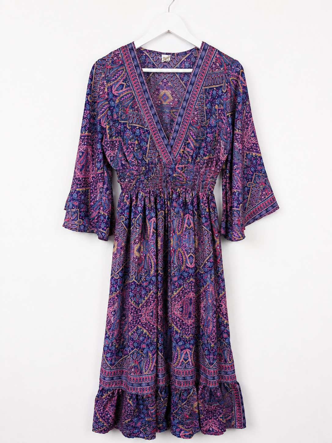 Art Silk Paisley Boho Maxi Dress | Women UK 10 12 | Purple Pink Festival
