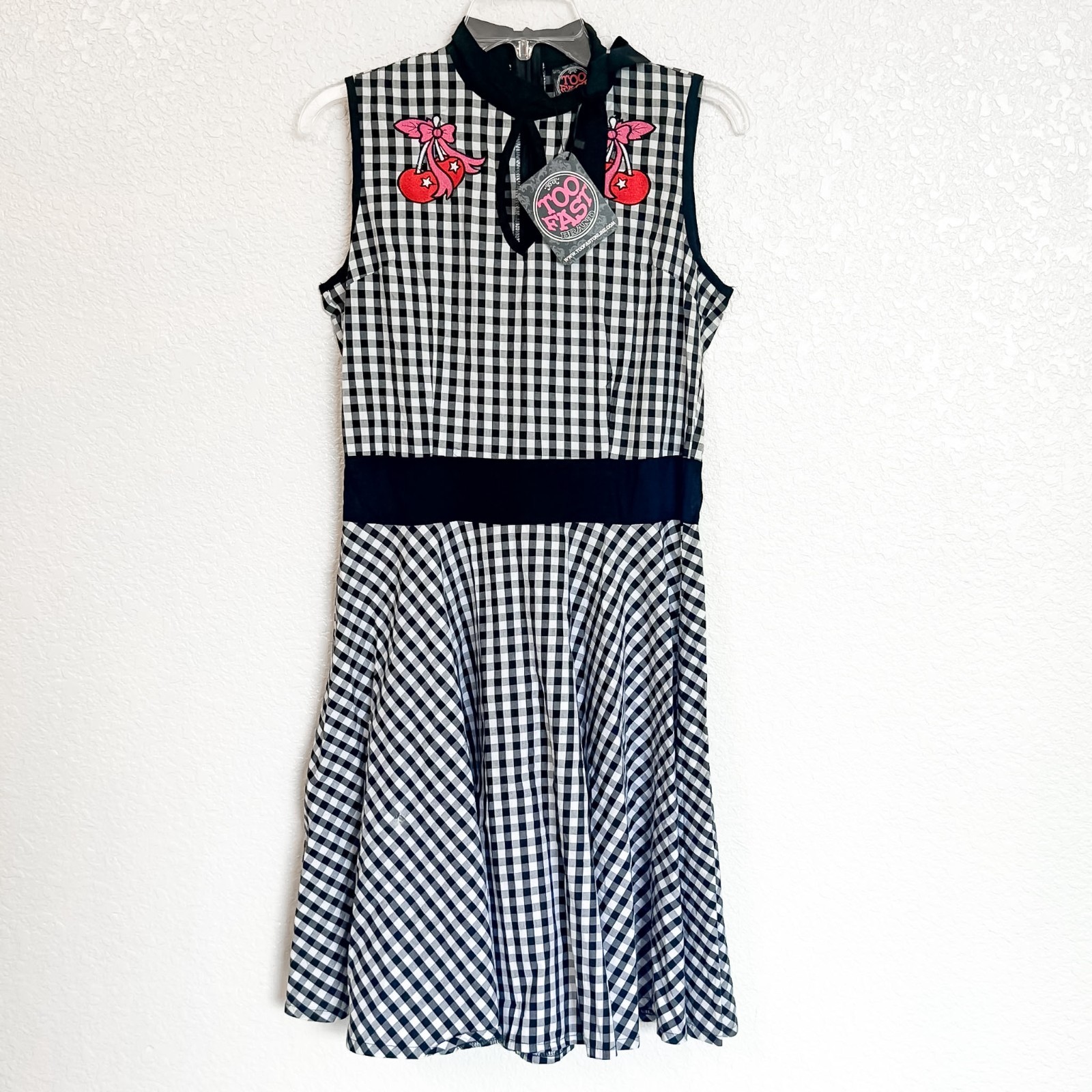 Too Fast Gingham Cherry Embroidery Dress Large Black White Rockabilly 50s Retro