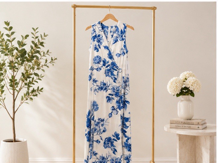 Calvin Klein – Floral Blue and White Wrap Midi Dress Size 8 – New with tags