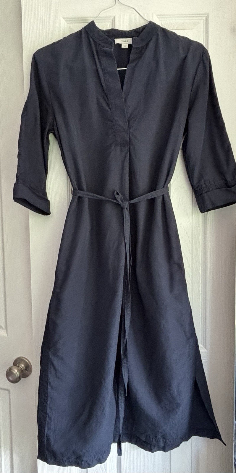 Vince Band Collar Pullover Dress Coastal Navy Linen sz XS/S Quiet Luxury Women’s
