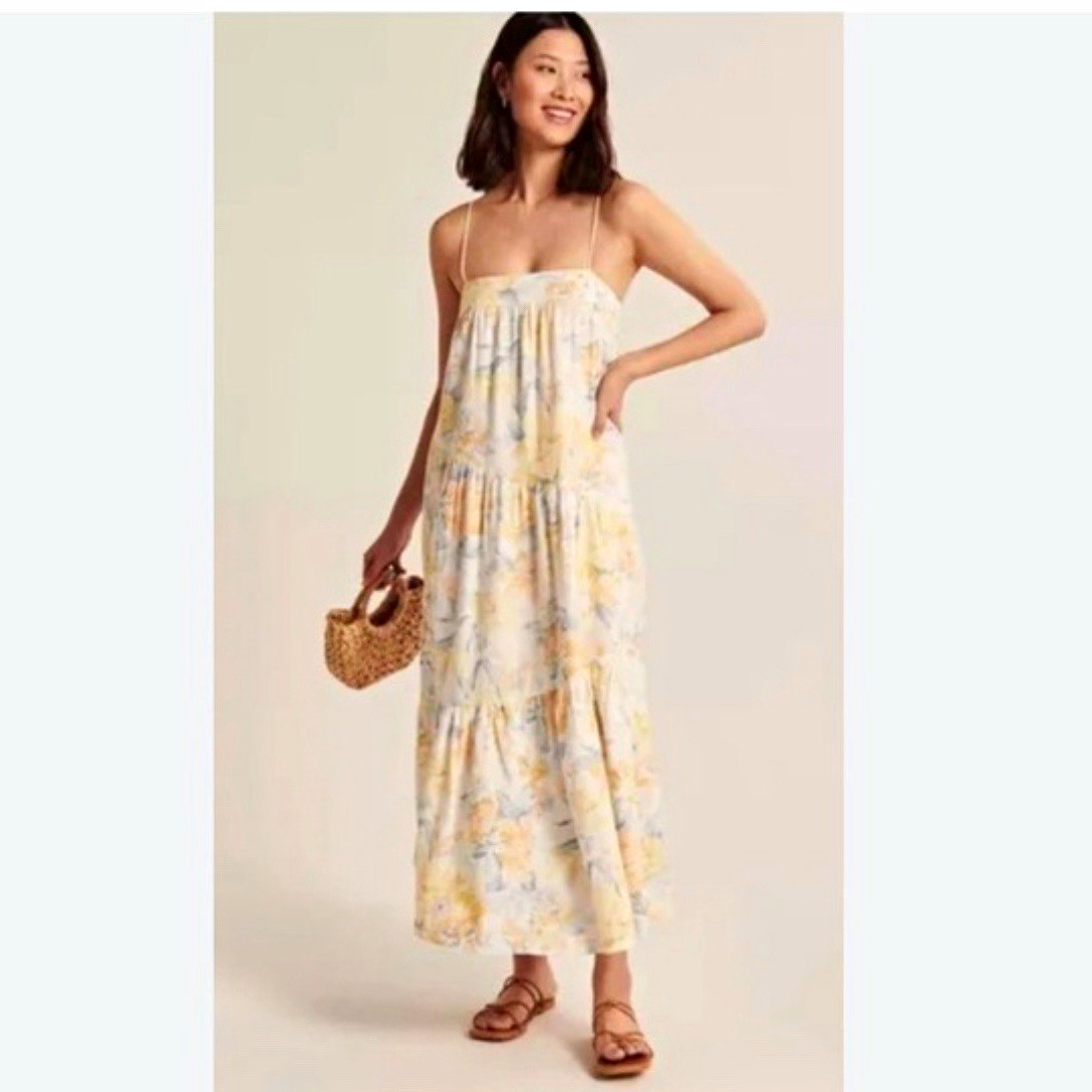 Abercrombie & Fitch White Yellow Blue Floral Midi Sundress Square Neck M