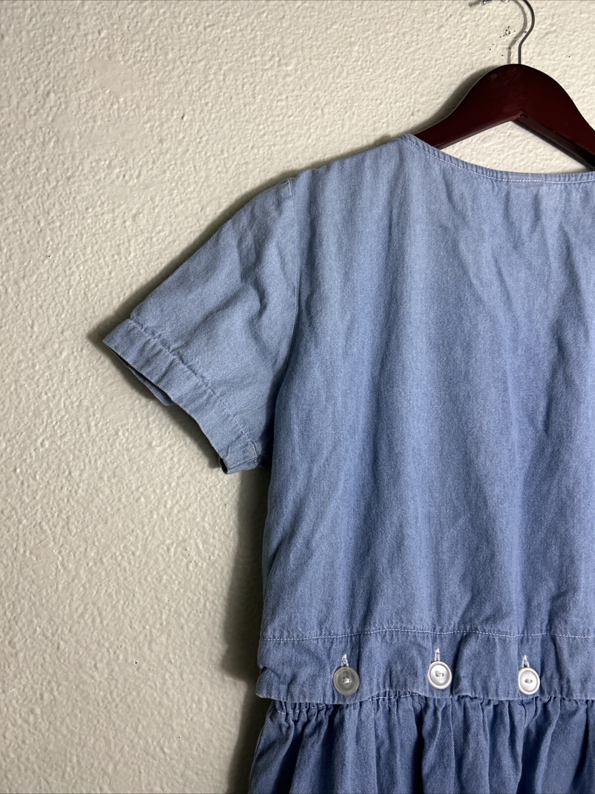 Vintage Chambray Women’s Medium Dress Blue Floral Elastic Waist Ankle Length