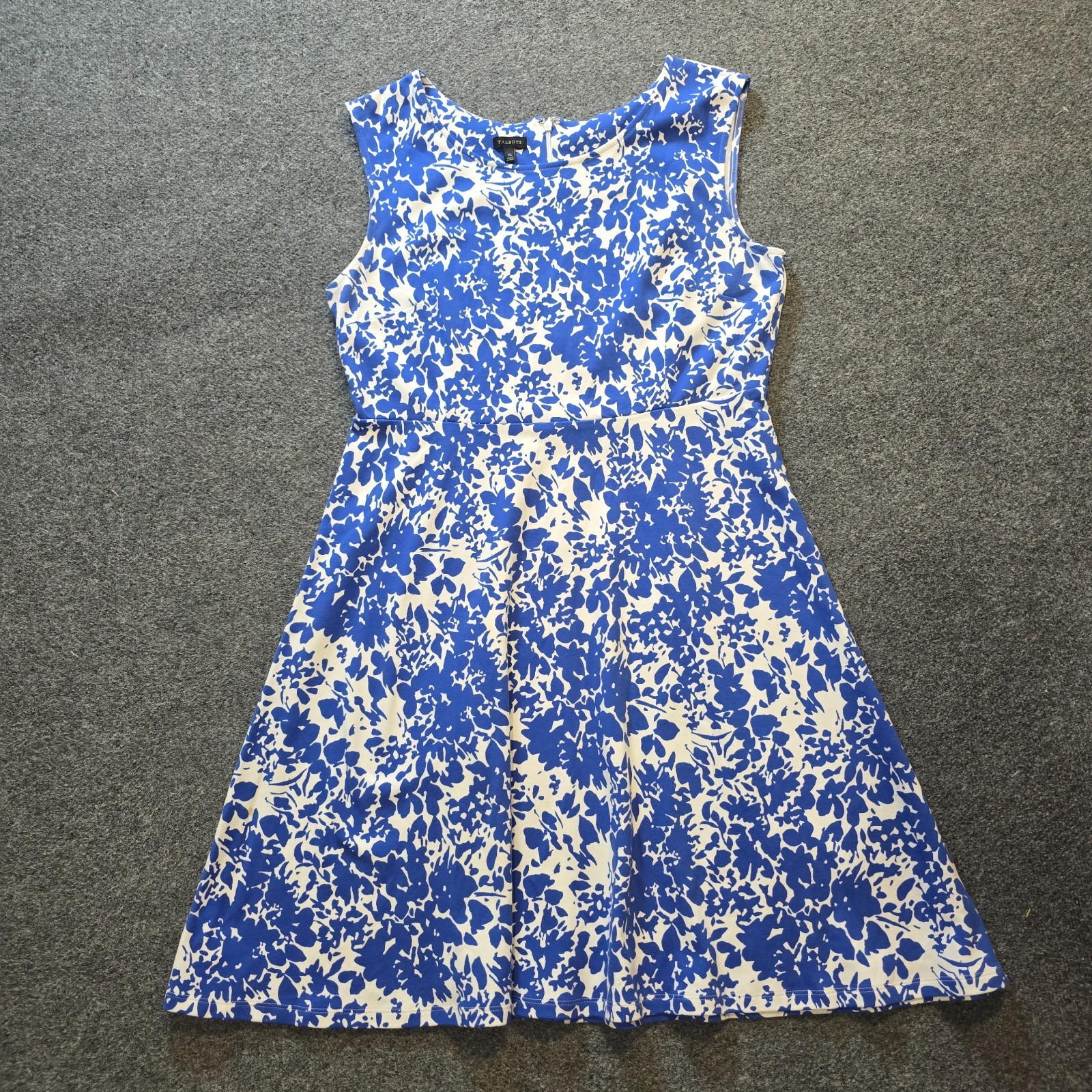 Talbots Dress Womens Size XL Blue White Floral A Line Stretch Sleeveless Casual