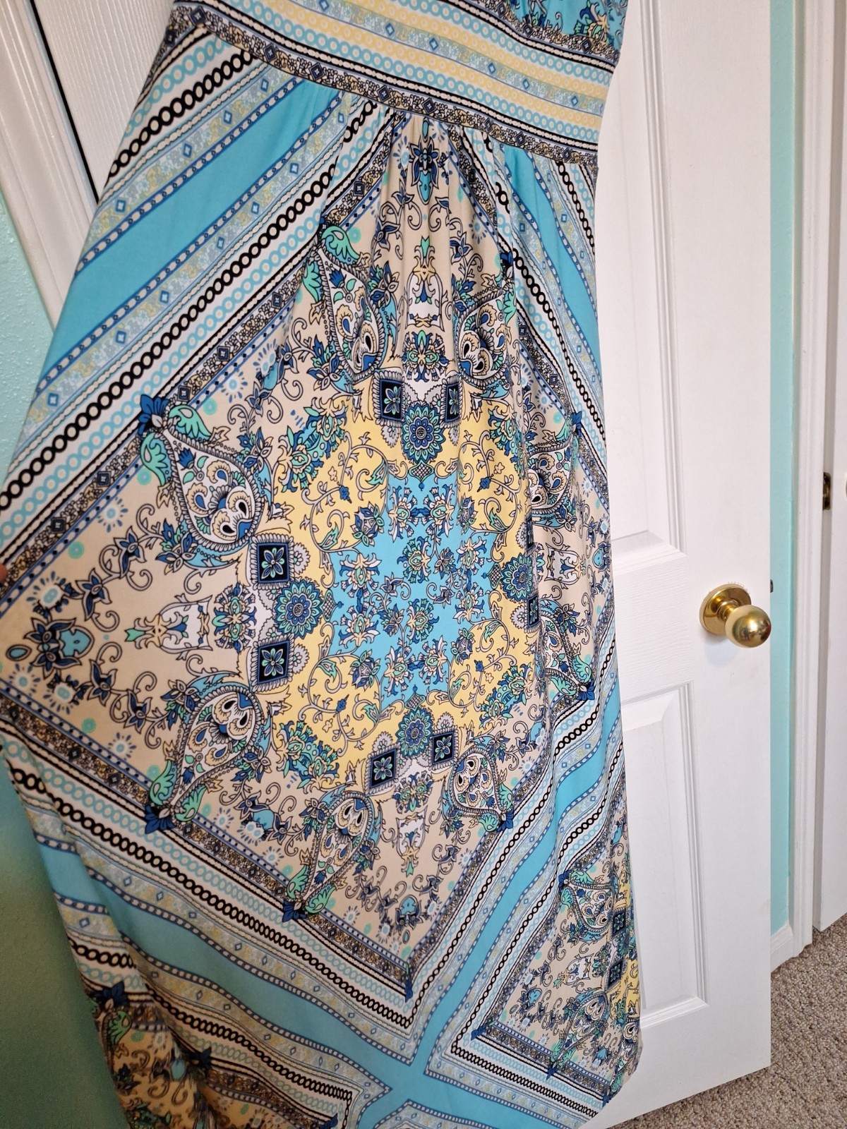 DB (Dress Barn)Turquoise and Black Geometric Pattern Size 16 Maxi Dress S/Less