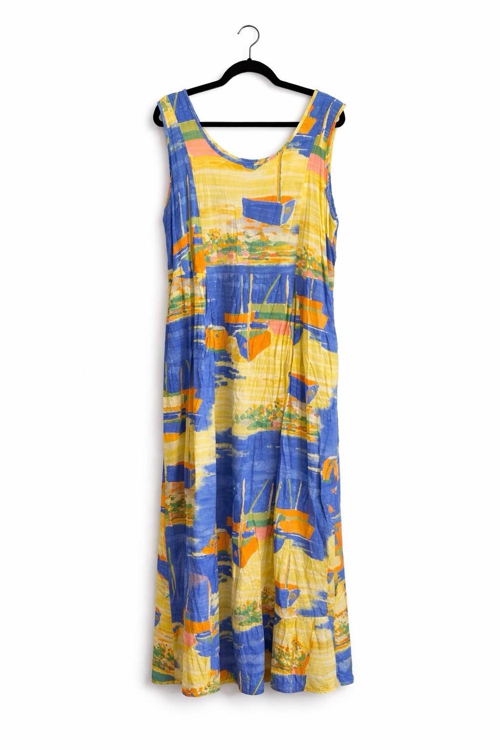 VTG Jams World Dress SZ XL Low Tide Blue Yellow Sail Boats Midi Pockets Beach