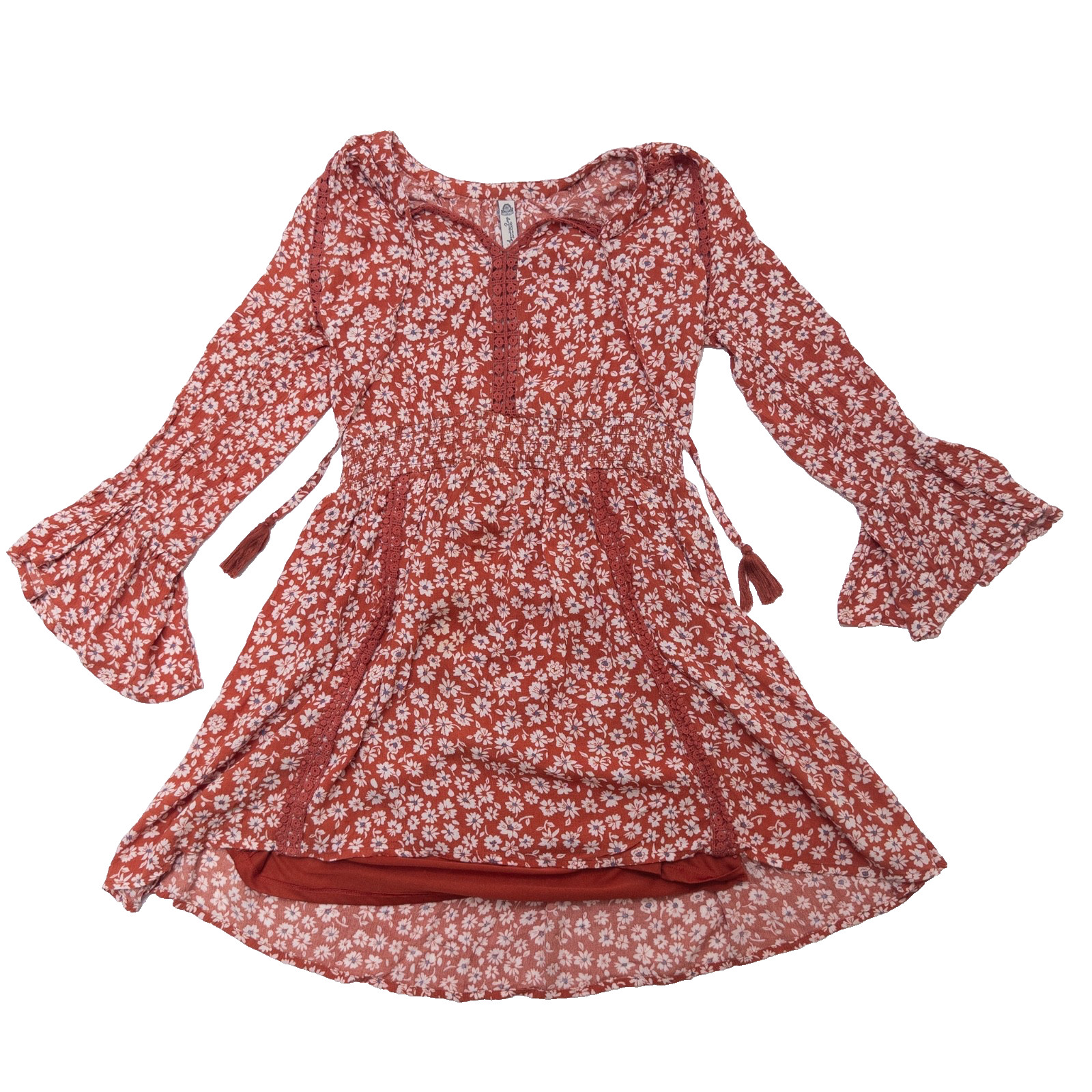 American Rag Women’s XS Red Floral Boho Peasant Mini Dress Bell Sleeve