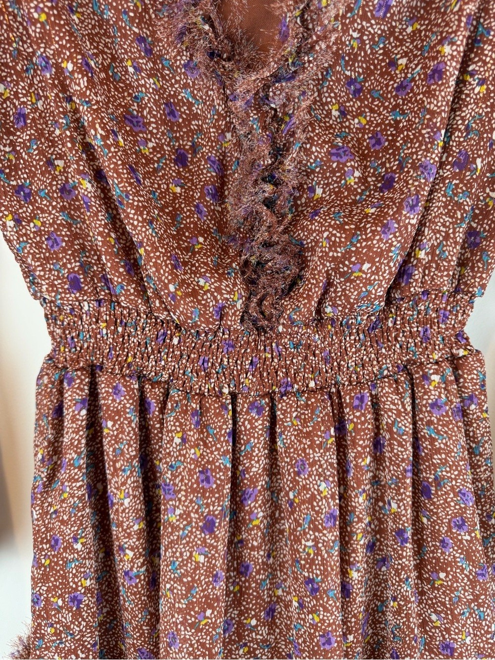 Baevely Brown, Tan and Blue Floral Mini Dress Size Small