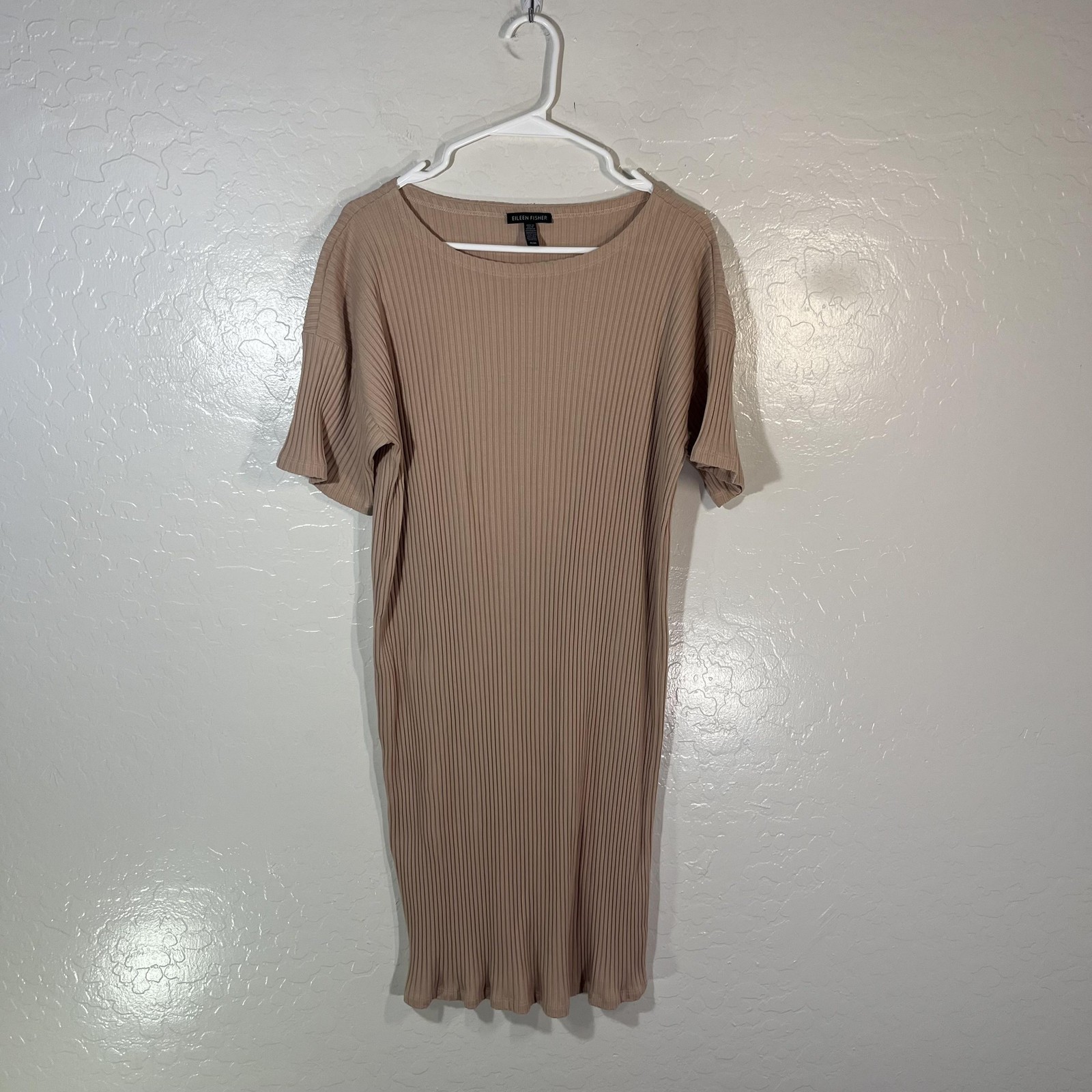 Eileen Fisher T-Shirt Dress Womens Medium Beige Ribbed Knit Short Sleeve USA