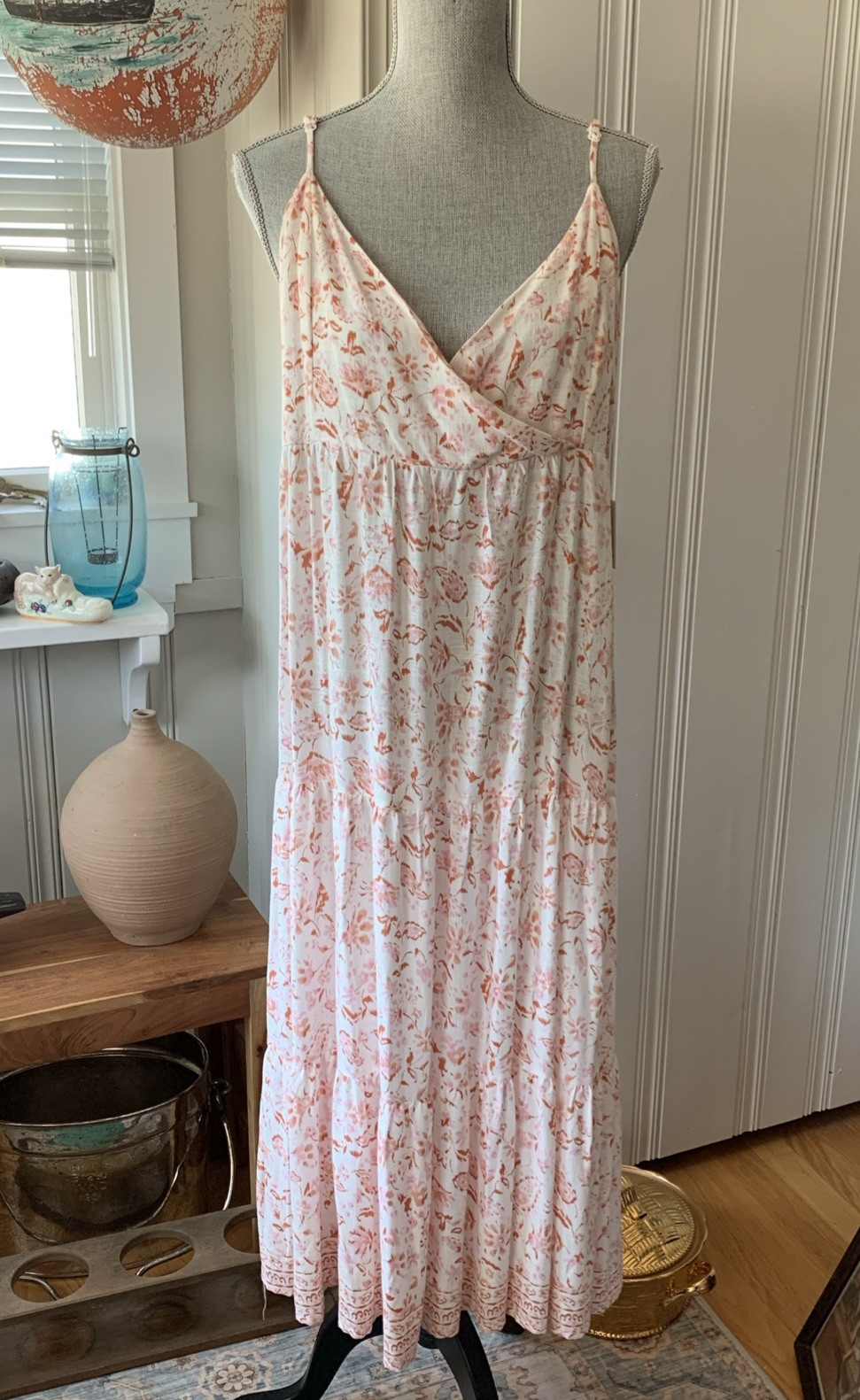 DEX Rayon Linen Floral Tiered Sundress Drop Waist Prairie Flowy XL Midi Coastal