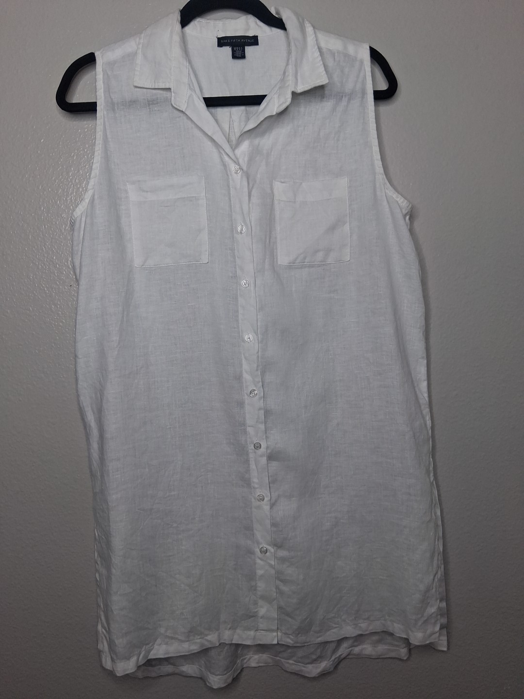 Saks Fifth Ave Linen Sleeveless Shirtdress White Lightweight Semi Sheer Beachy M