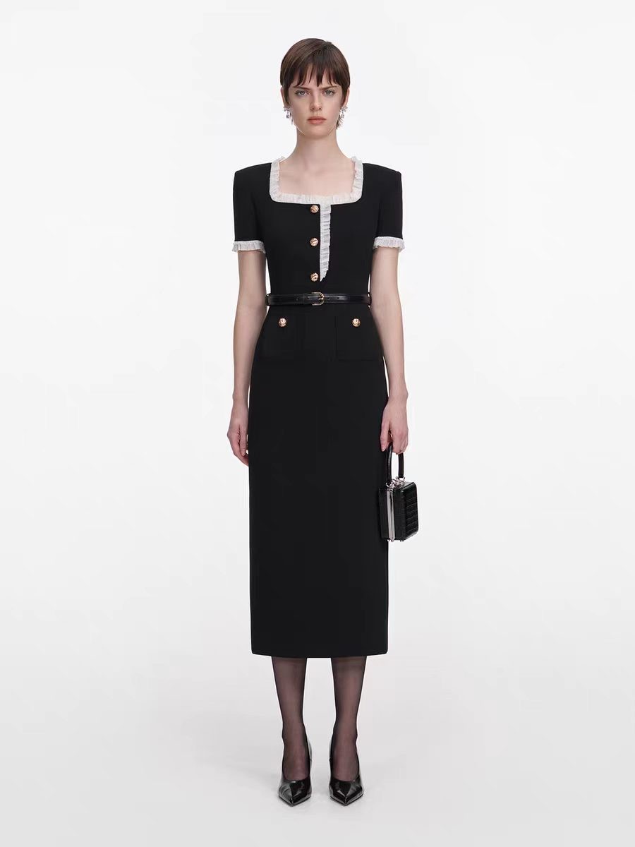 Self-Portrait Women’s Short Sleeve Square Neck Lace patchwork Dresse+ Belt