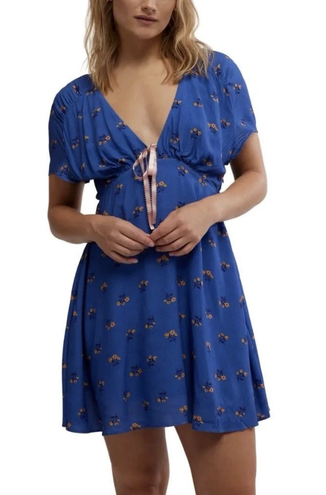 FREE PEOPLE Everyone’s Favorite Minidress Floral Blue Combo Women’s Large EUC