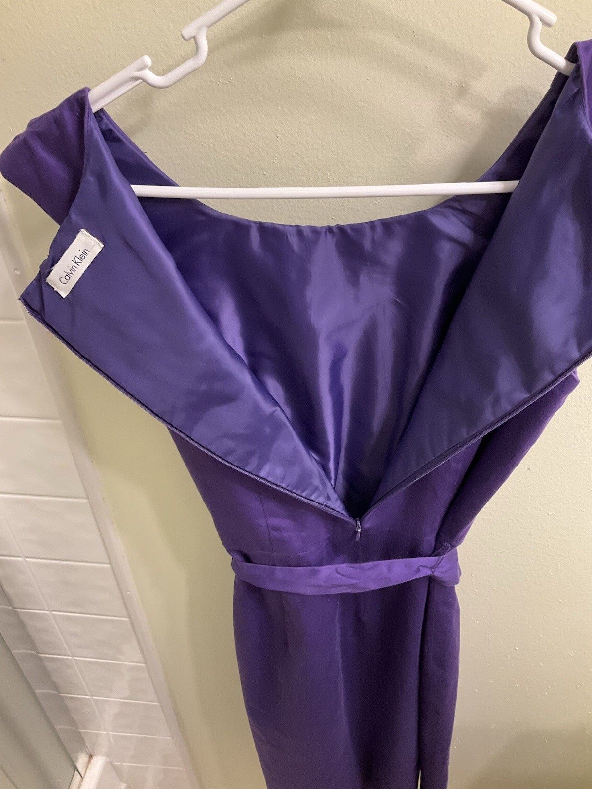 Calvin Klein sleeveless pencil dress purple pleated belt knee length size P