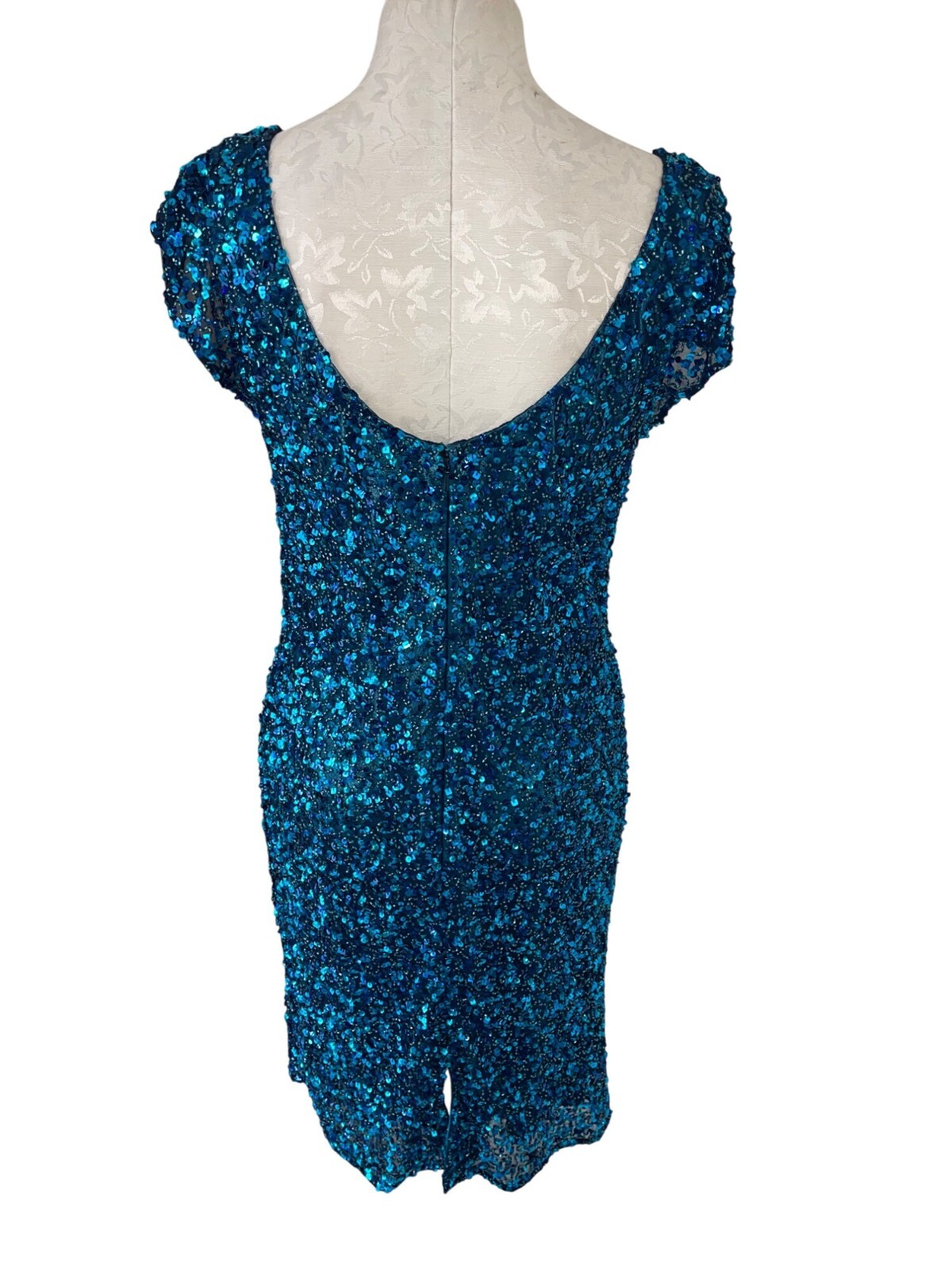 Scala Mini Dress Sequin Vintage Womens Size Large Blue Beaded Lined Pure Silk