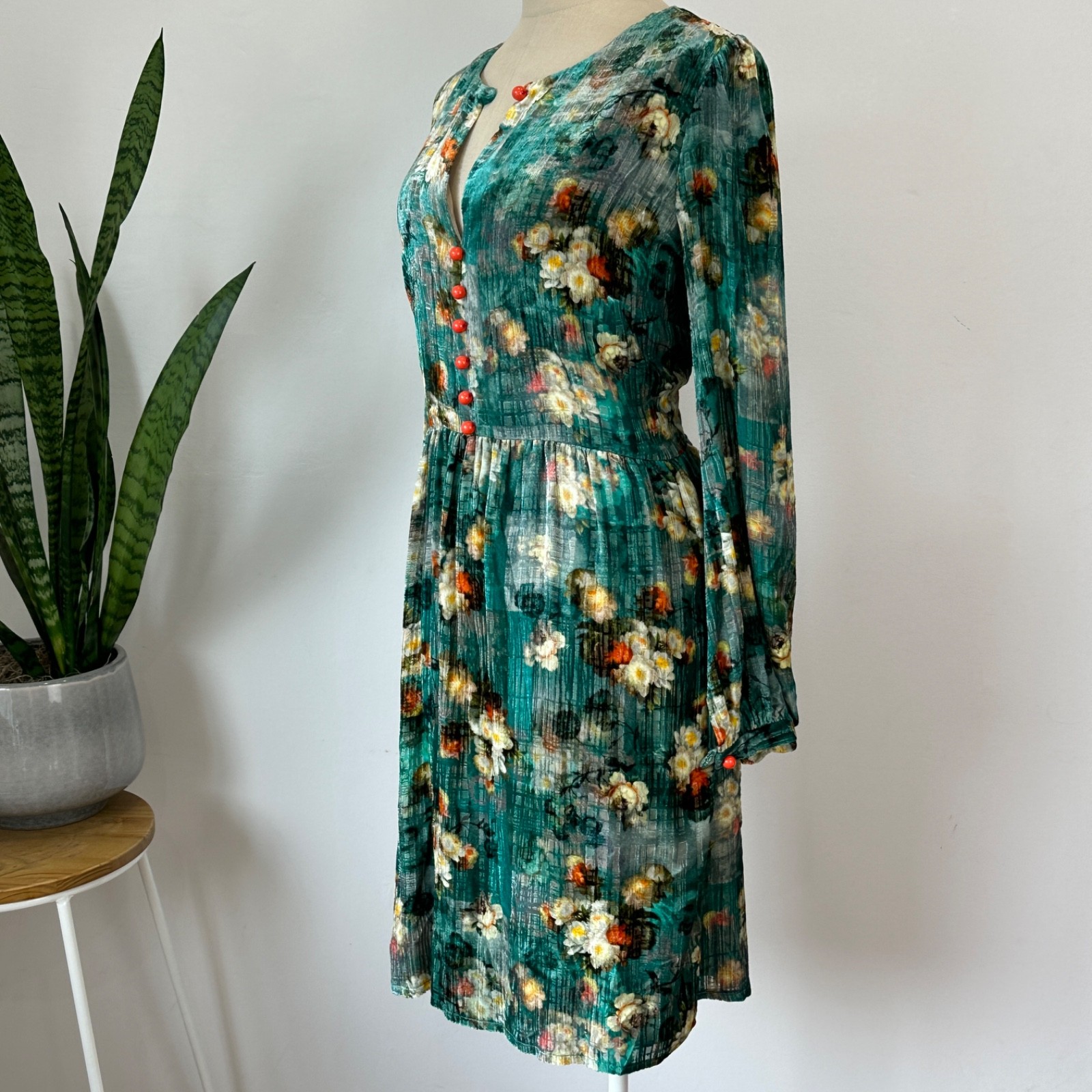 LEONA EDMISTON – SILK BLEND VELVET FLORAL MIDI DRESS – TEAL – SZ 3/ 14 AU/ 10 US