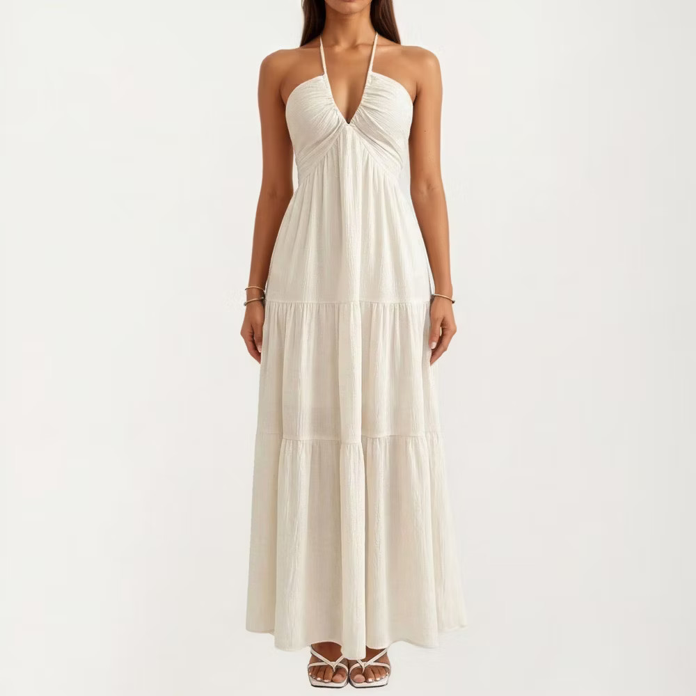 Anna-Kaci Women Halter Neck Tiered Maxi Dress with Twist Front Bodice Flowing