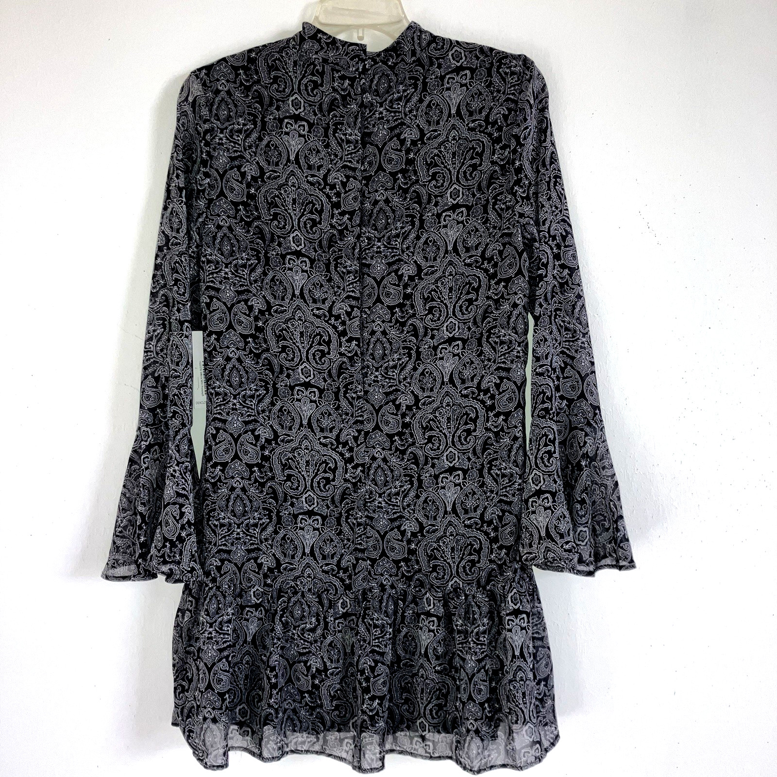 DAX S Black & White Chiffon Long Bell Cuff Sleeve Knee Dress Lined Flowy LBD