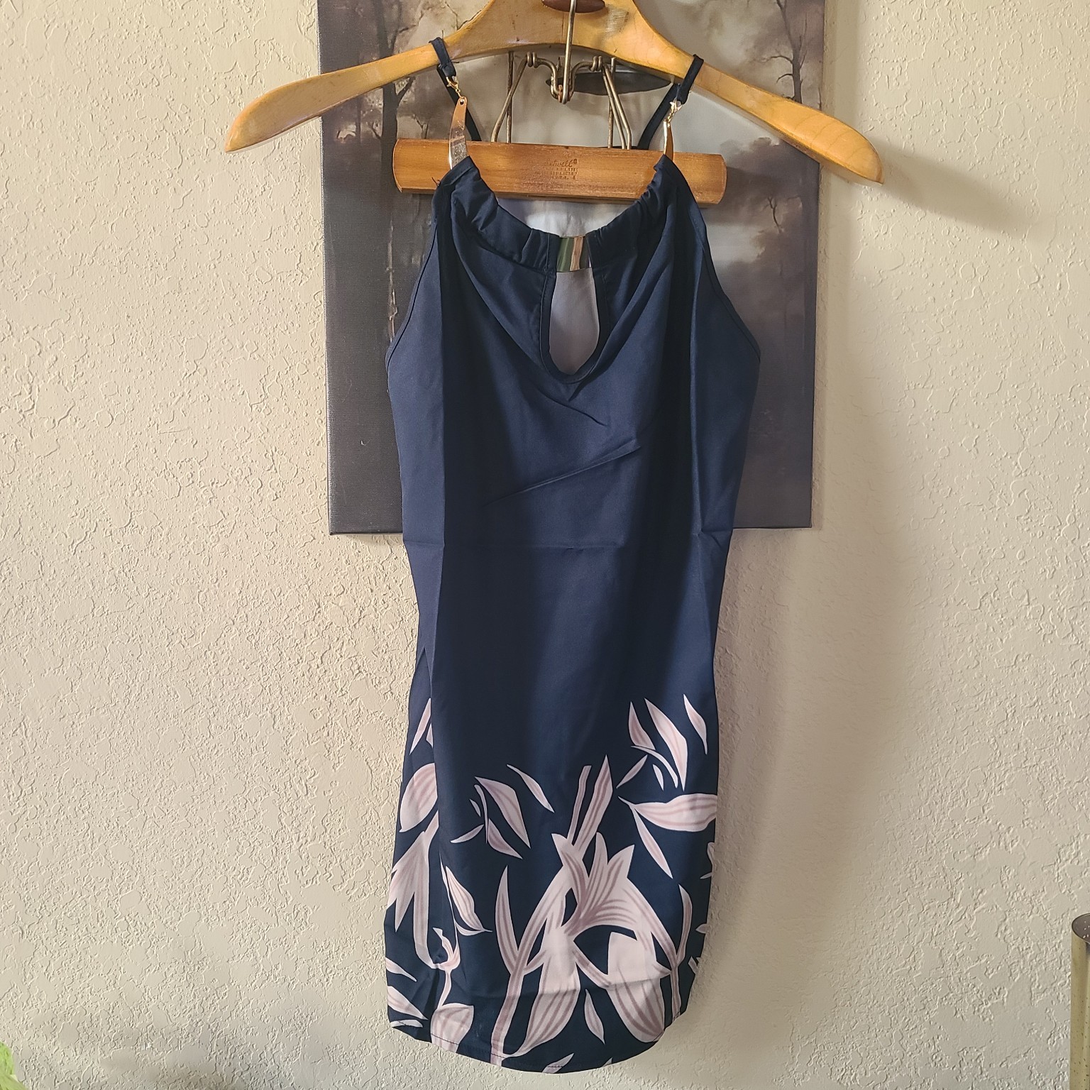Women’s Size M Navy Blue Halter Mini Dress Gold Hardware Tropical Print NWT