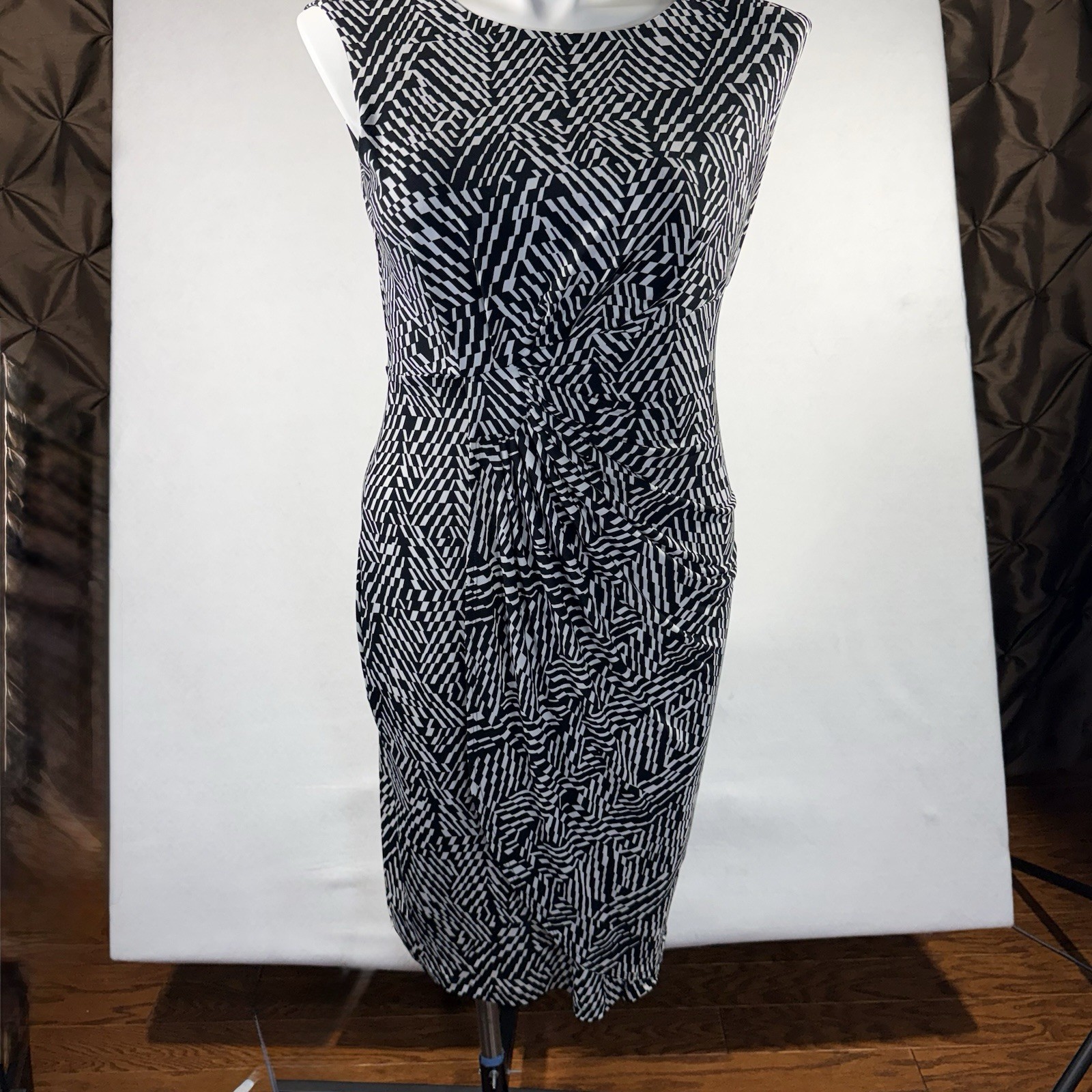 Vtg. Enfocus Studio Women’s Side Ruched Sheath Dress Black & White – Size 14W