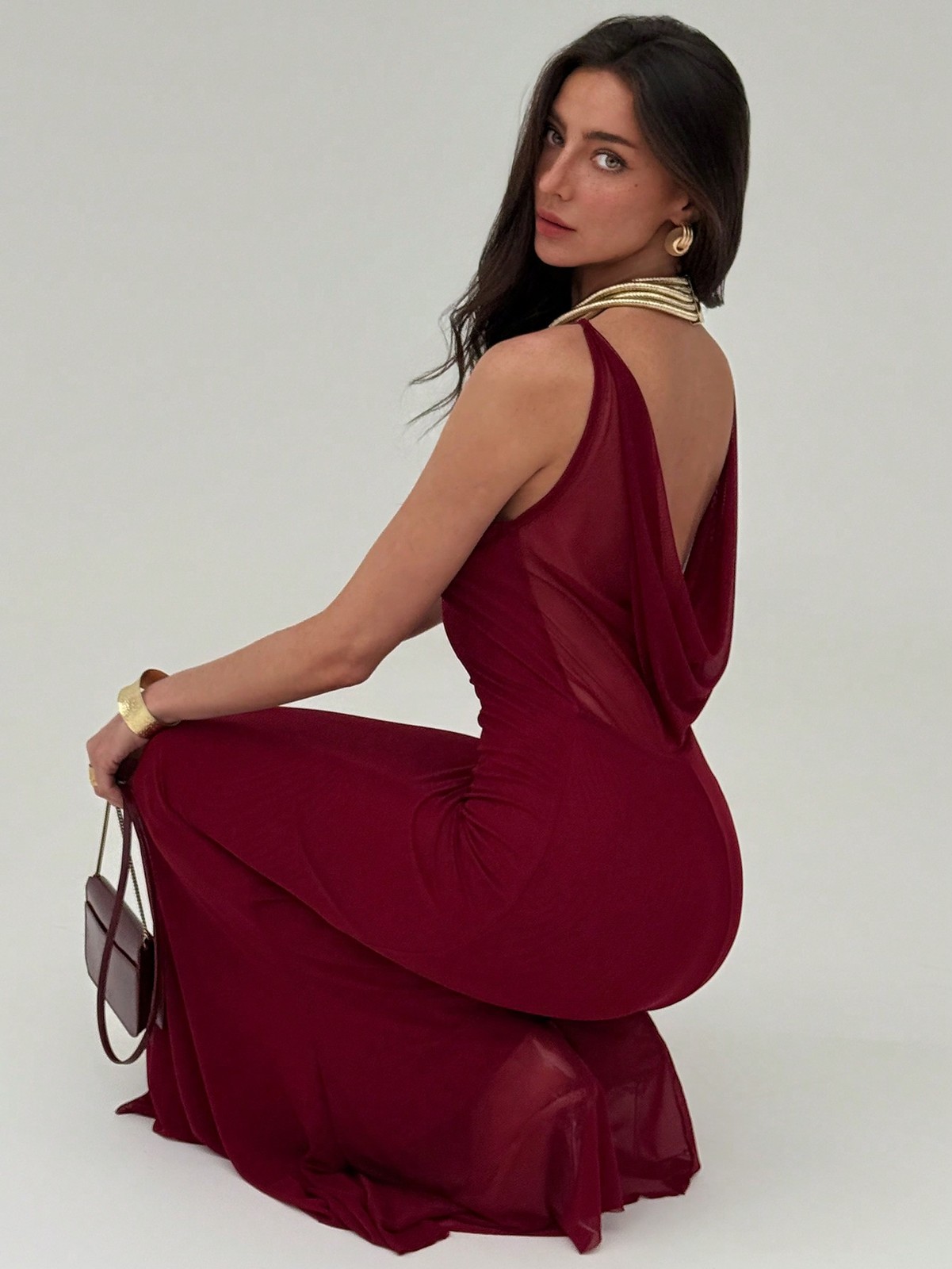 Women Elegant Pleated Plunging V Neck Maxi Dress