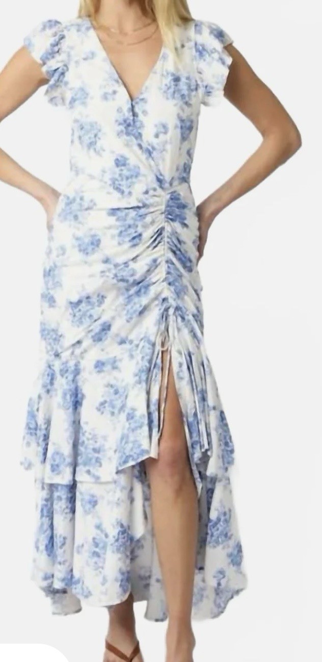 pookie & sebastian, NWT Cinched Ruffle Maxi Dress Blue & White Floral Feminine