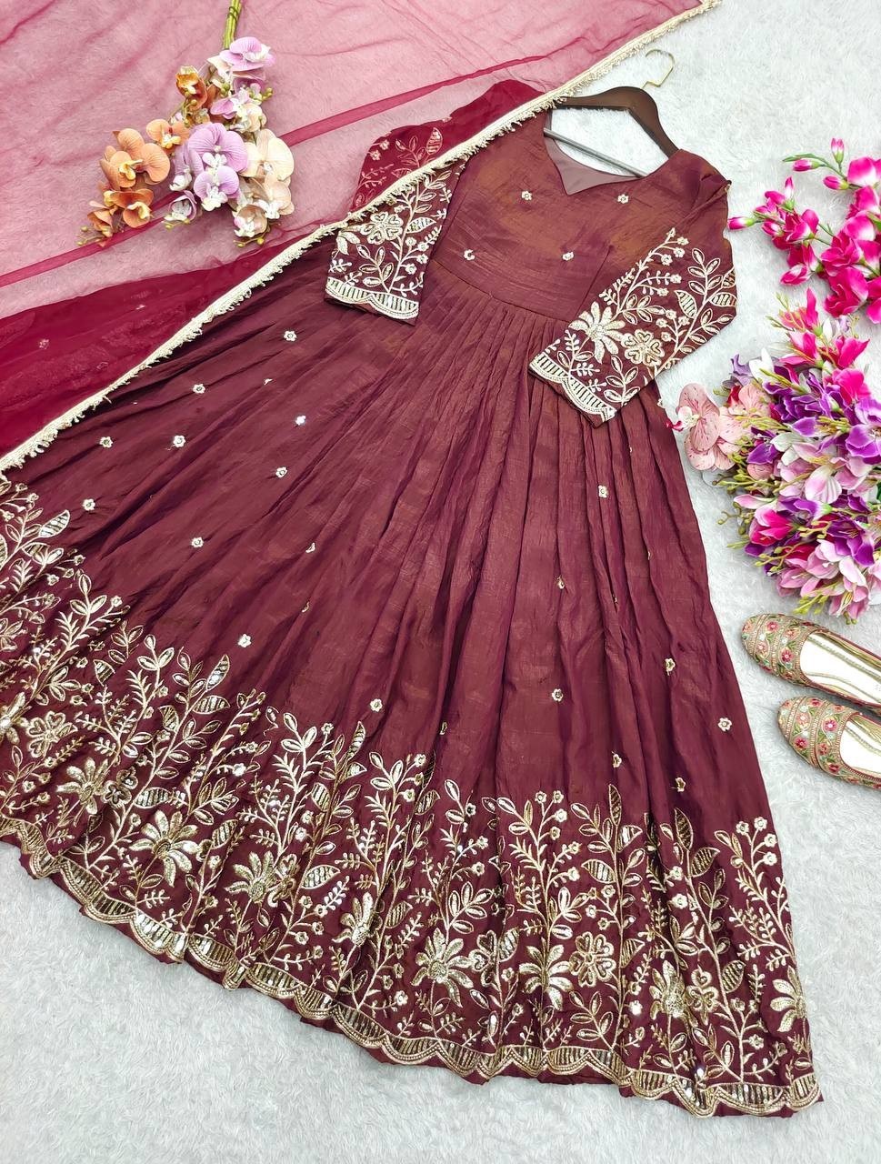 Presenting New Pure Vichitra Silk Maroon Gown With Dupatta For Ethnic Wear