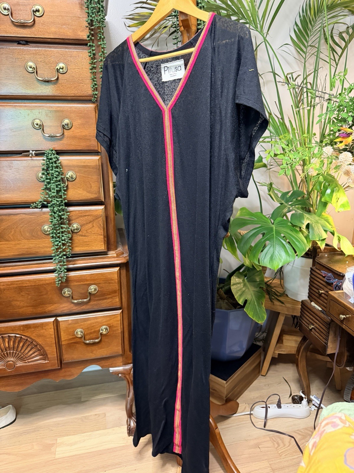Pitusa Black Maxi Dress with Embroidered Trim