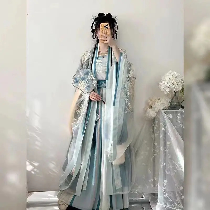 Big Sleeve Cape With Camisole And Pleated Skirt Chinese Style Embroidered Hanfu