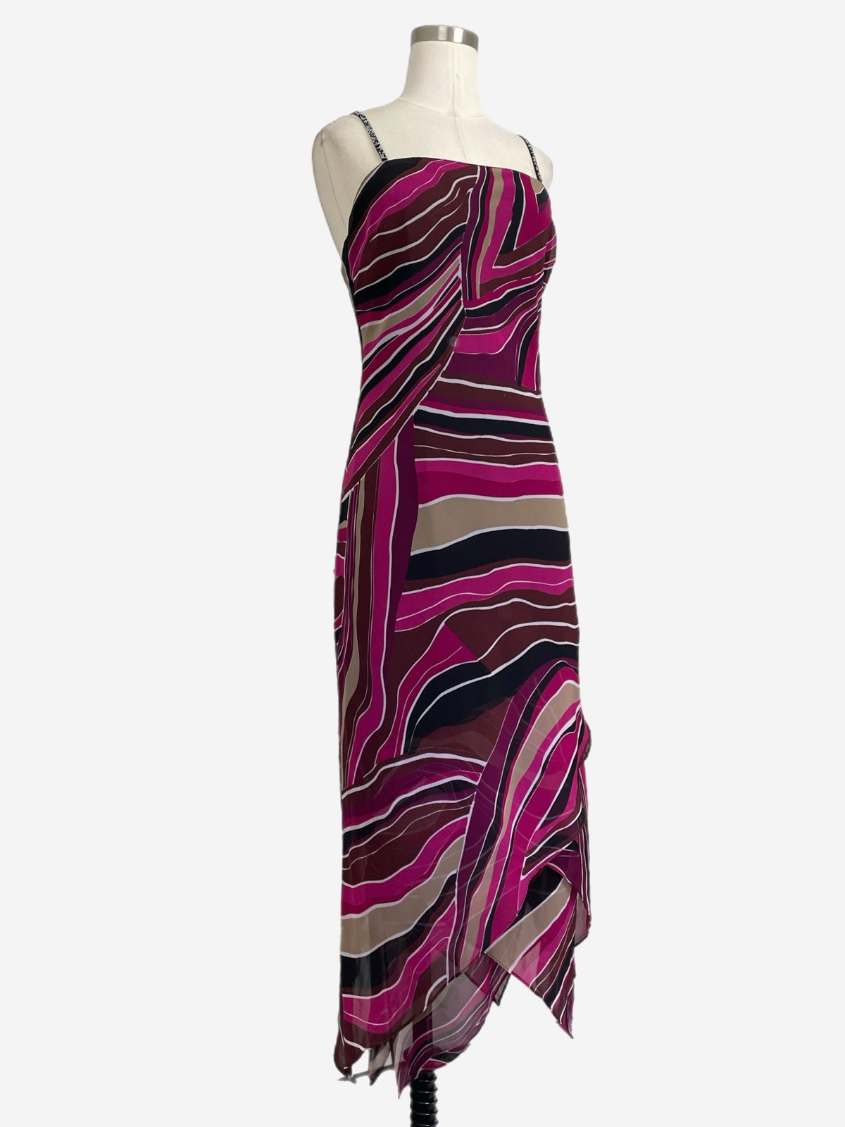 Vintage Y2K Eva Blue Pink black abstract beaded layered asymmetric slip dress S