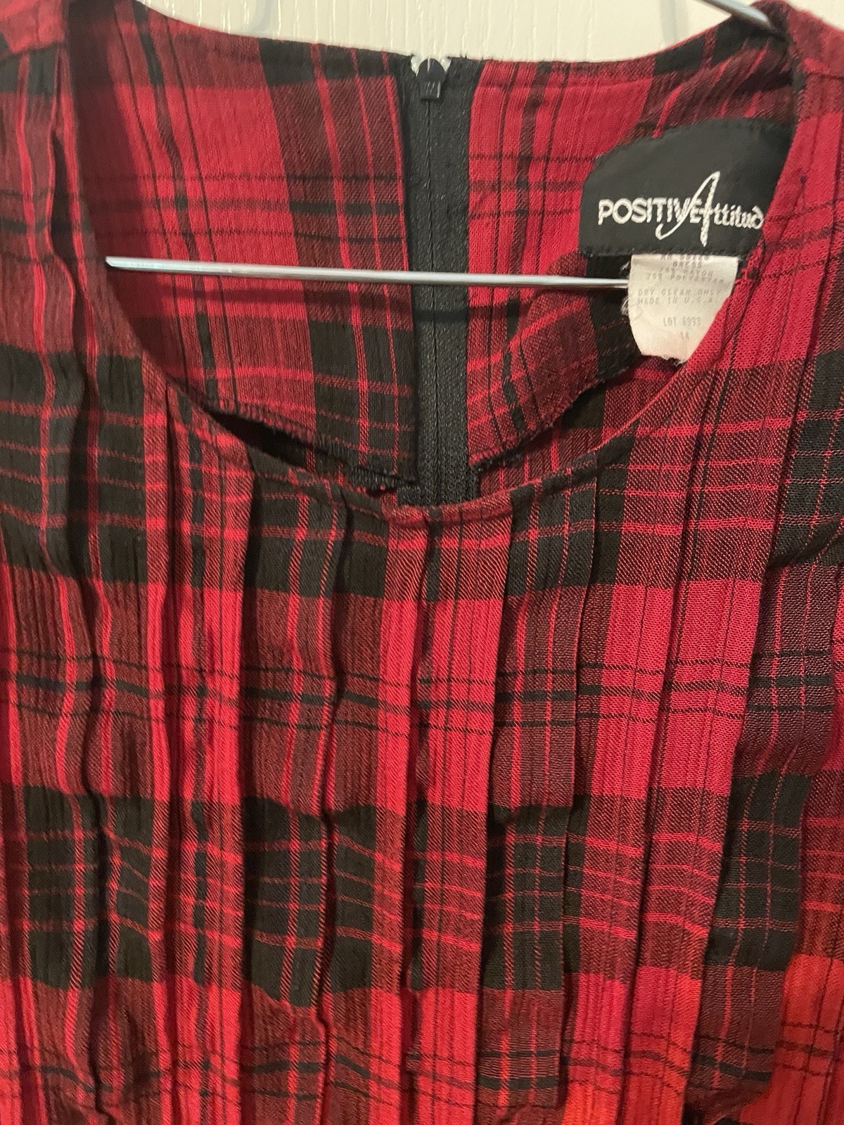 Red And Black Vintage Positive Attitude Dress Sz 14 Midi Plaid Zip And Tie Back