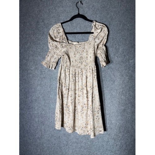 PRoMESA Tan Floral Smocked Puff Sleeve Mini Dress Womens Small Square Neck Rayon