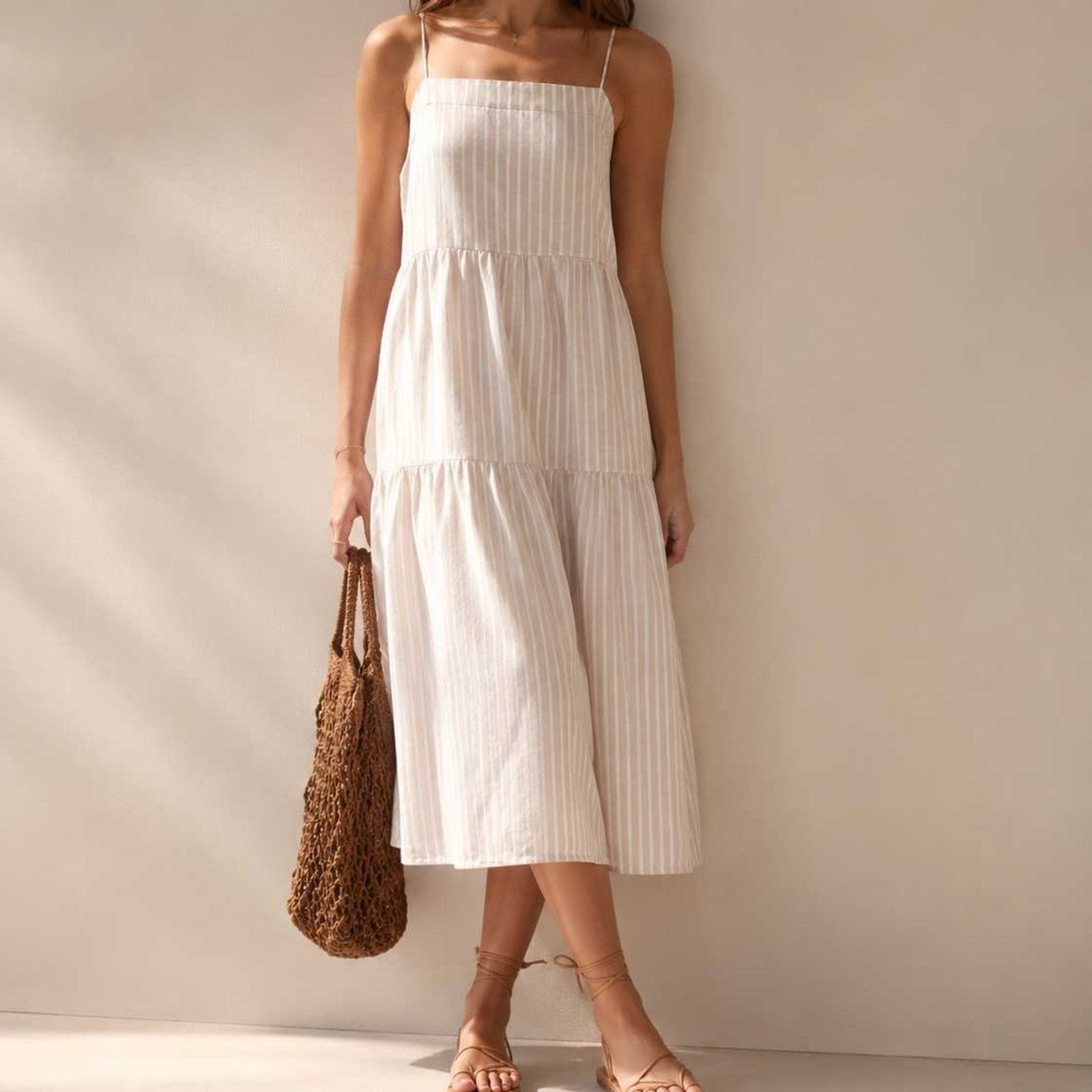 Abercrombie & Fitch 100% Cotton Tiered Midi Dress Size M Striped Cream