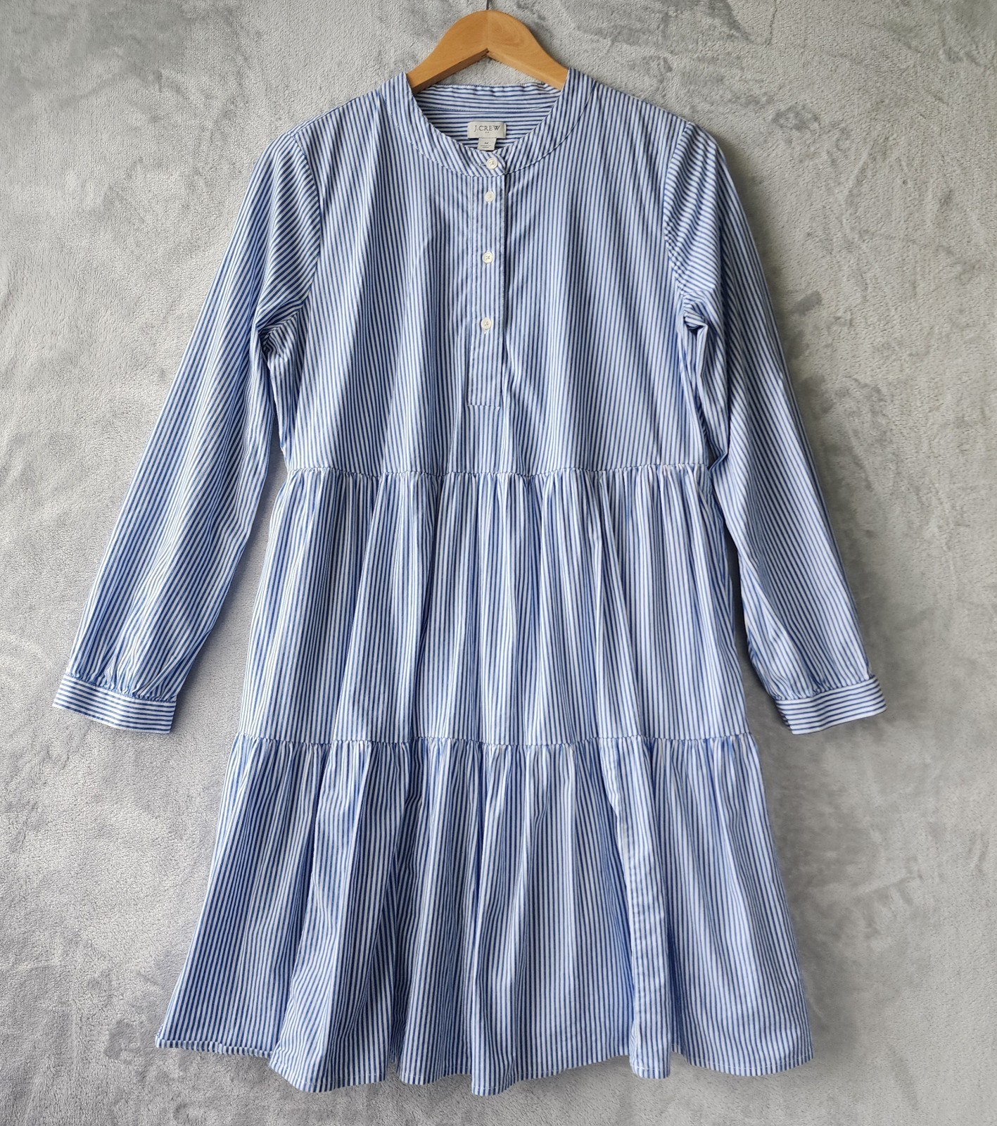 J.Crew Dress Womens Size Medium Tiered Blue White Striped Pockets Cotton Poplin