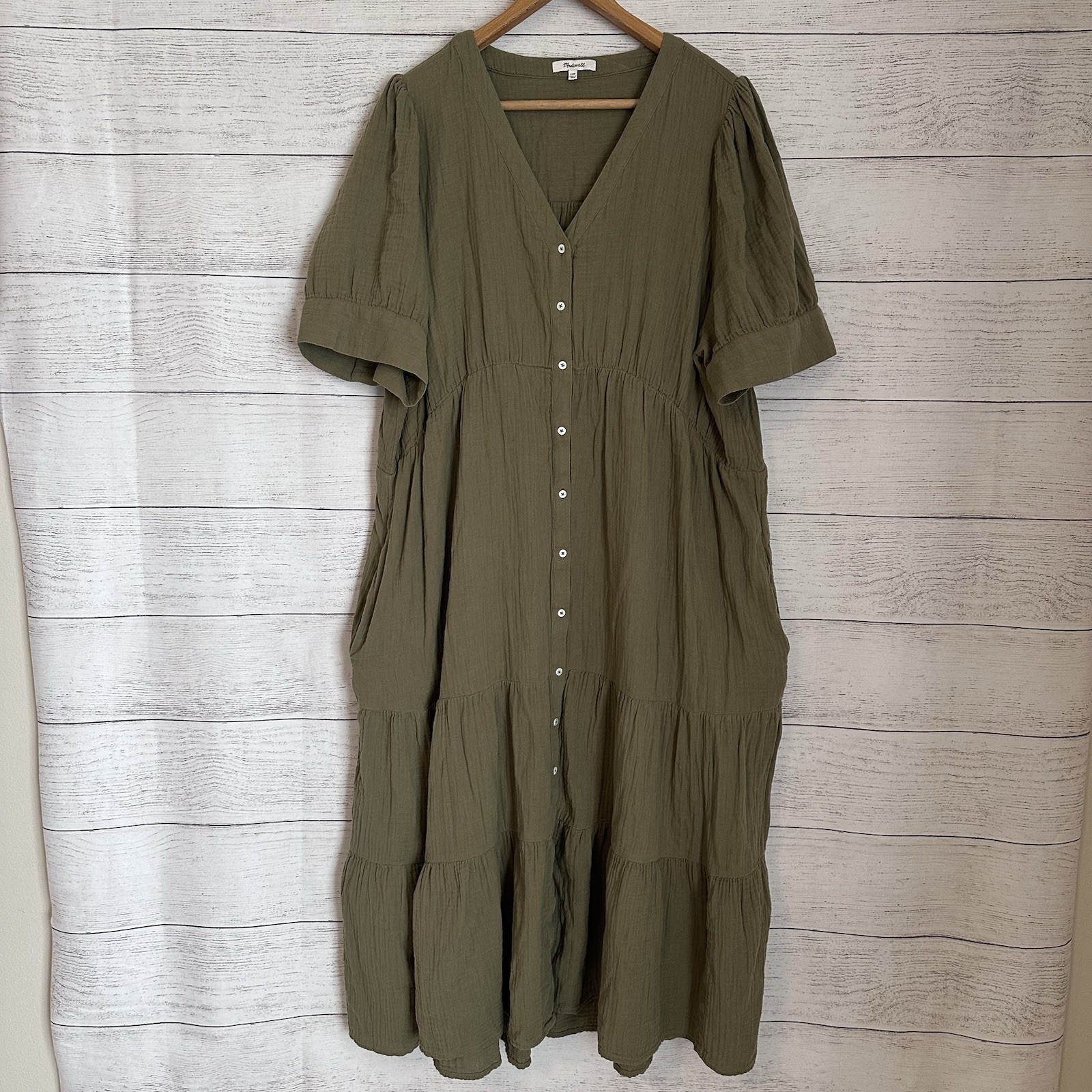 Madewell Lightspun Cuff-Sleeve Button-Front Tiered Midi Dress 22W