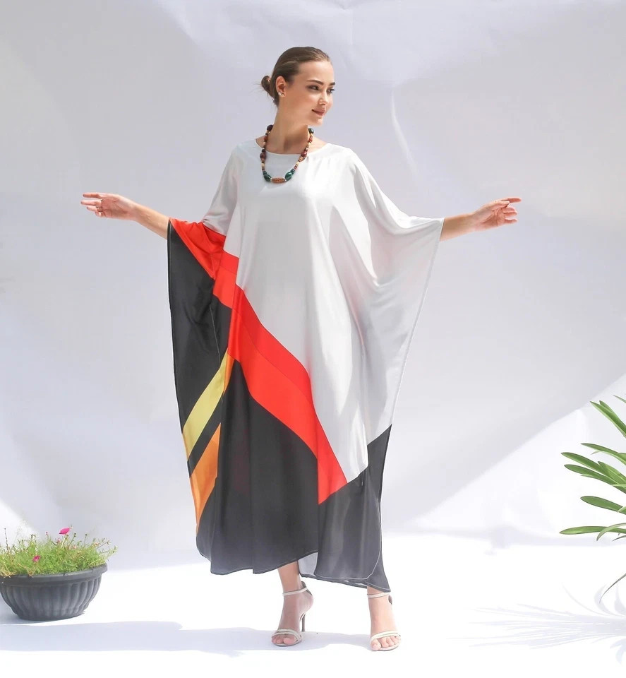 Soft Satin Silk Geometric Harmony Luxe Kaftan, Long Kaftan, Beach Wear, J5846
