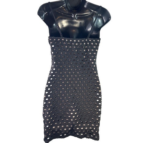 Dazy Med Black Eyelet Lace Bustier Mini Dress Polka Dot Trim Night Out Bodycon