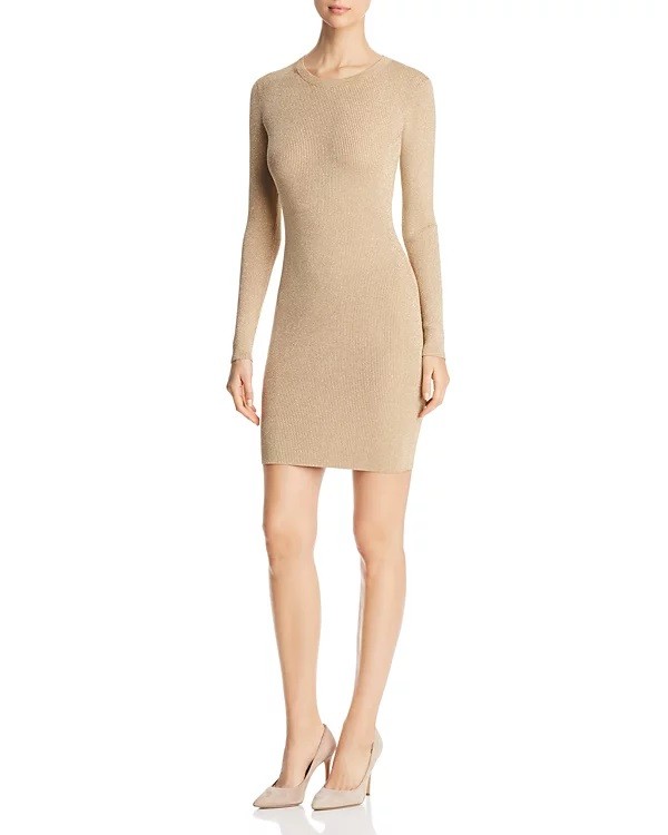 MICHAEL Michael Kors Metallic Ribbed Knit Pointenelle Sweater Mini Dress, XS
