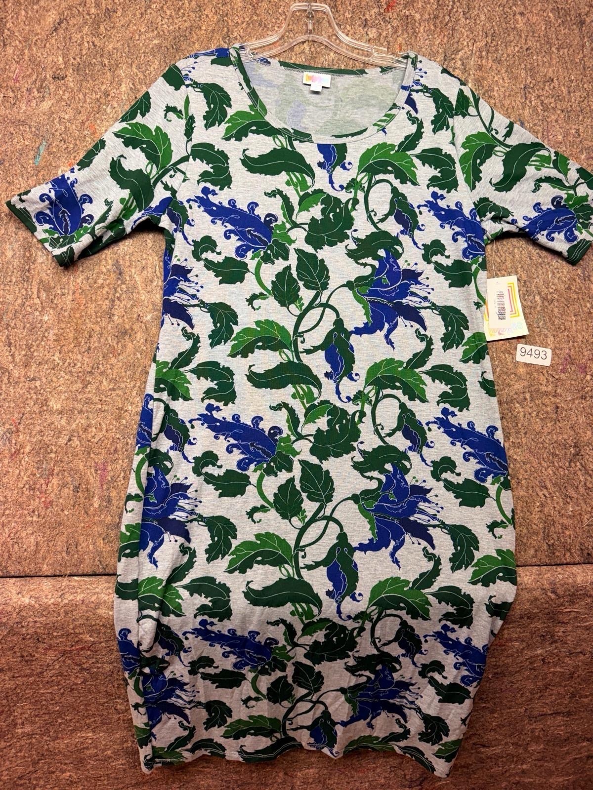 Lularoe Julia Dress Gray Green Blue Short Sleeve Floral Size XL New