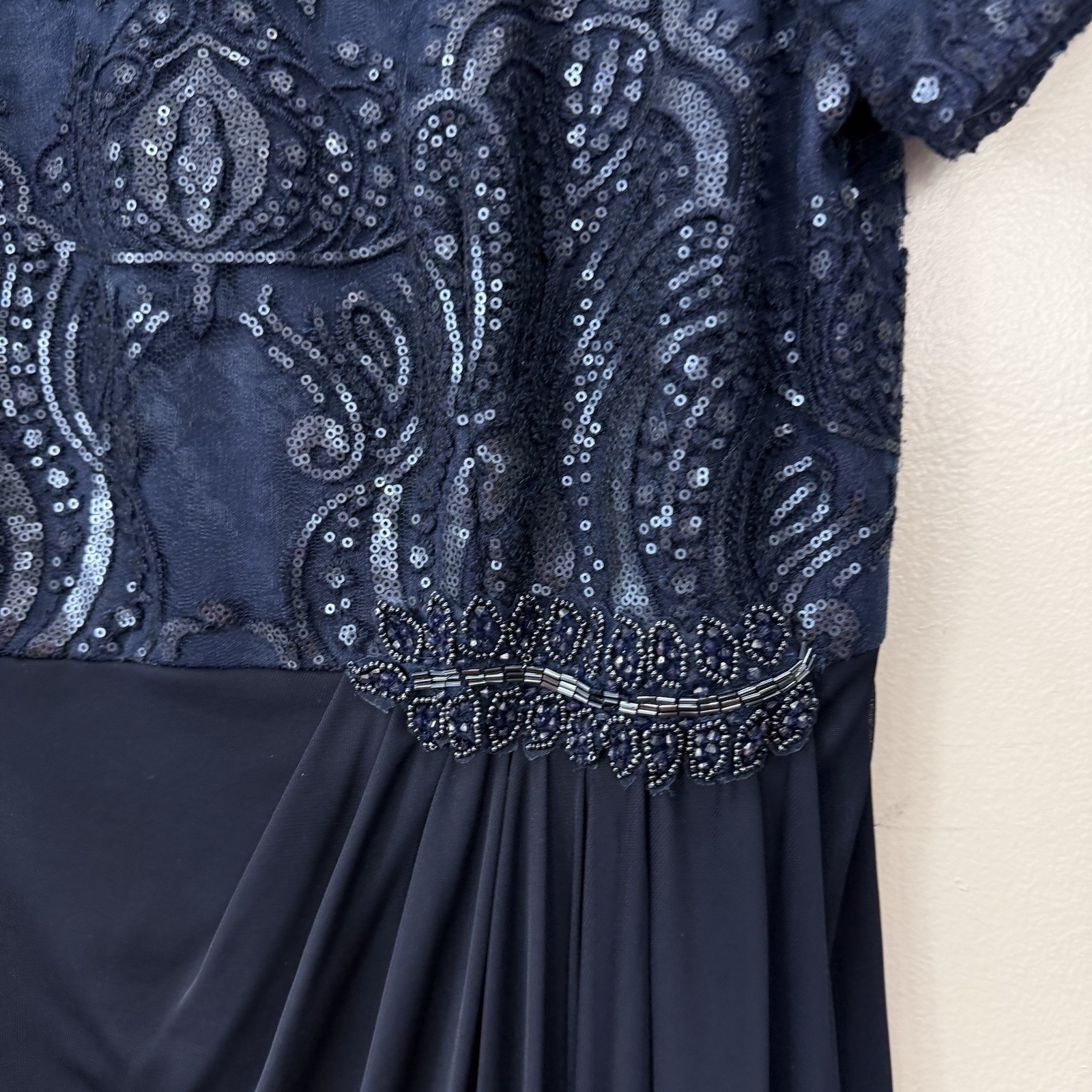 Alex Evenings Navy Blue Sequin Draped Short Sleeve Maxi Dress Size 10 Wedding