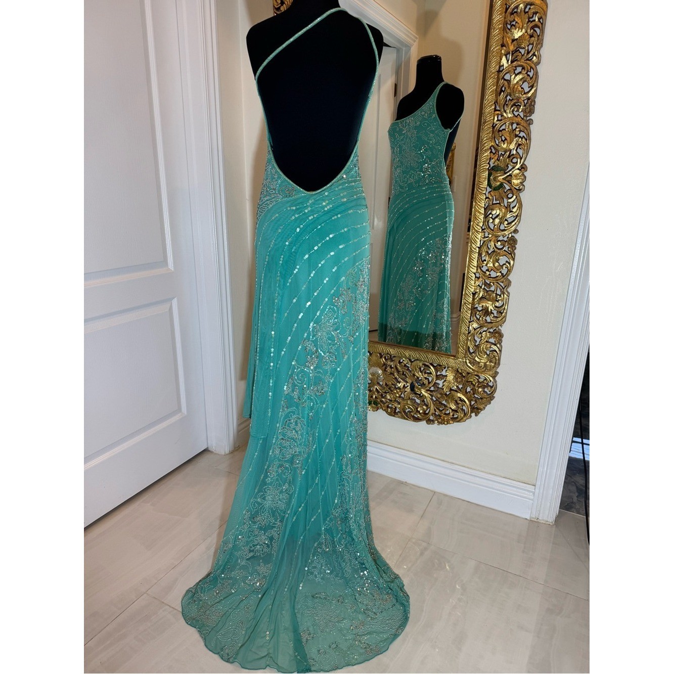 One-Shoulder hand beaded aqua Evening Gown stretch fabric attitudes by Debra