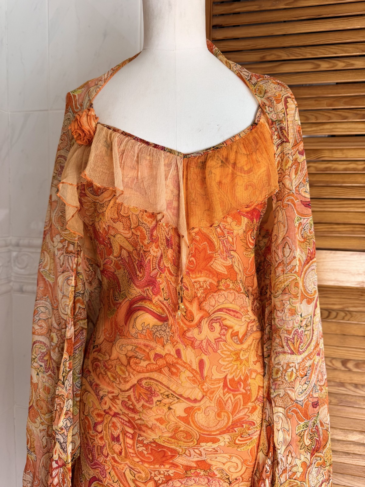 French Designer Orange Paisley Floral Appliqué Dress T2