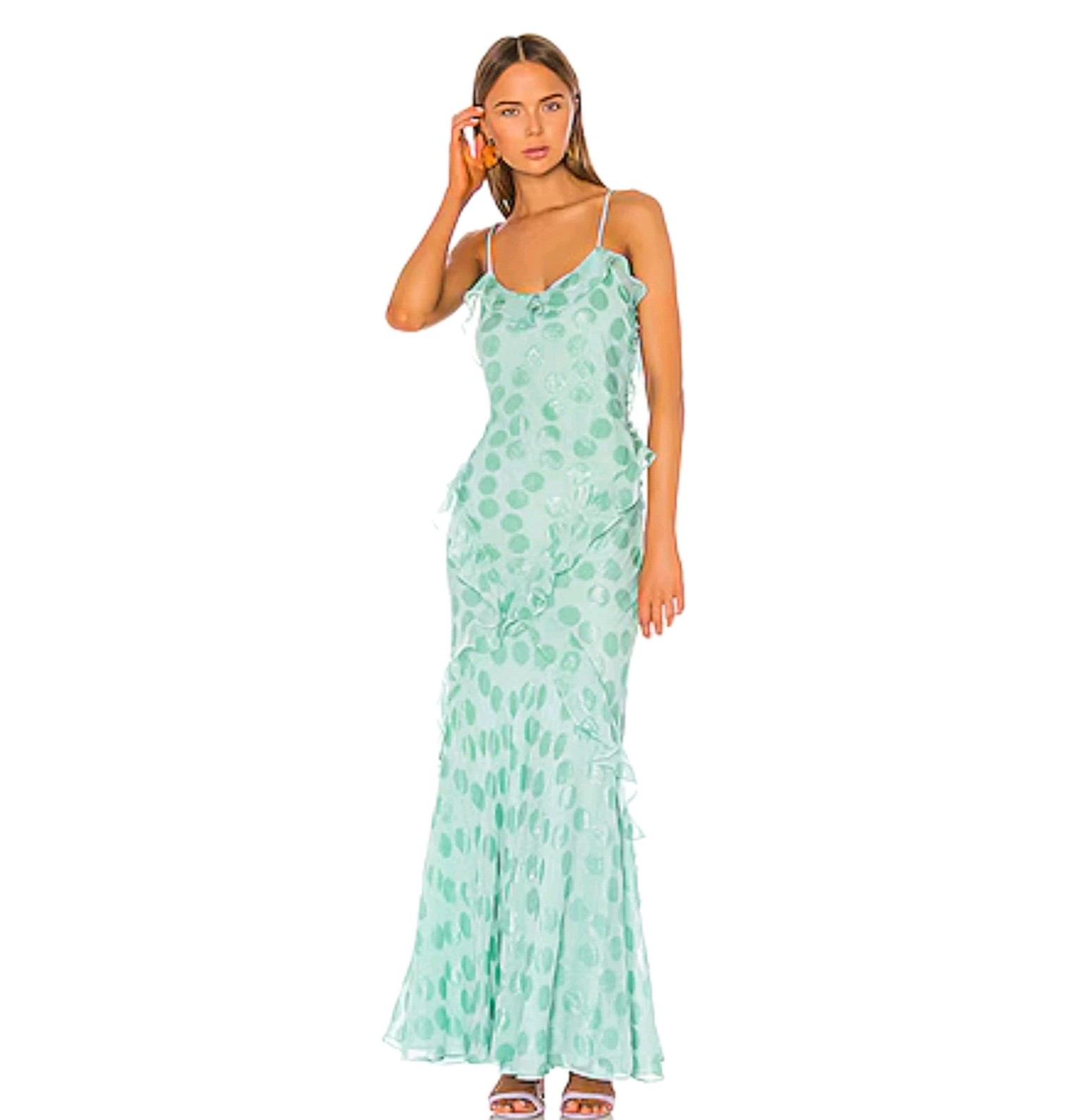 SALONI Tamara Dress Silk Ruffle Gown Sea Green Mint Polka Dot Mermaid Sz US 2