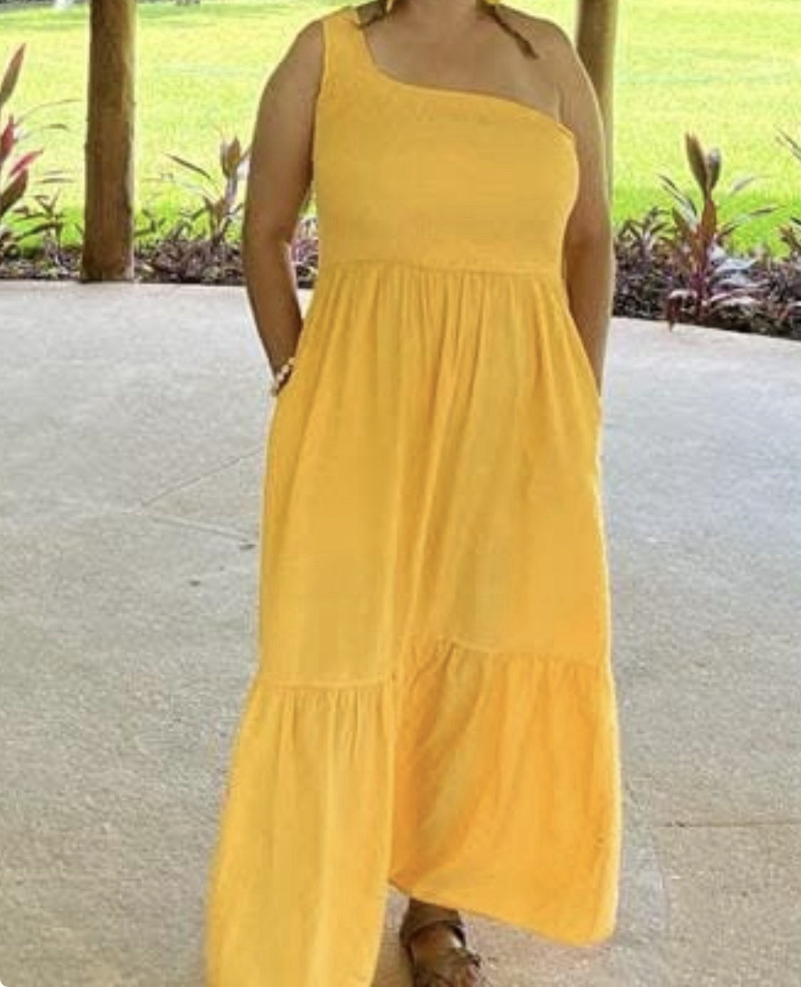 Nine West Plus Size One-Shoulder Smocked Maxi Liquid Gold Dress NWT Large