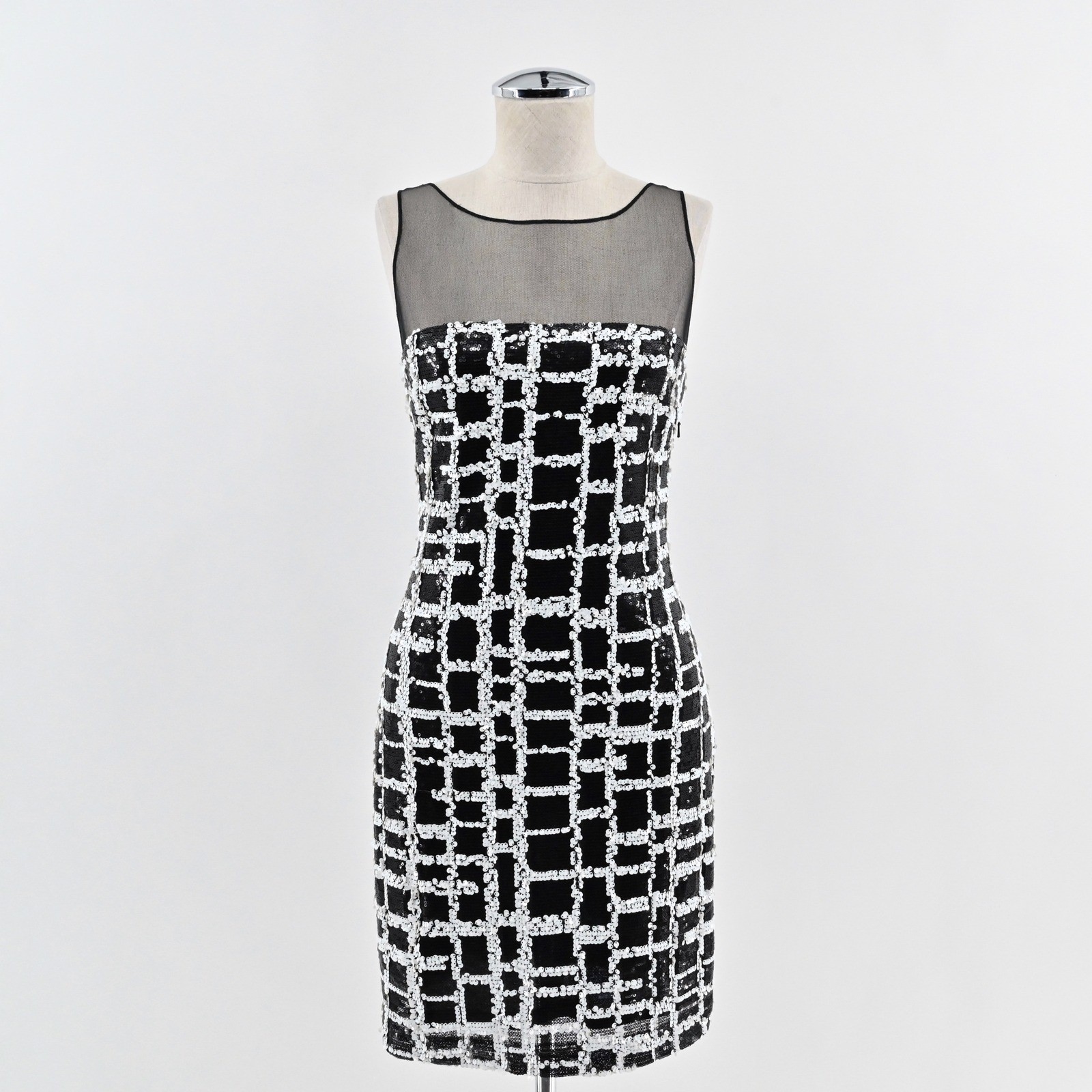 Aidan Mattox Sequin Mini Dress Womens Size 2 Black White Sheath Sleeveless Mesh