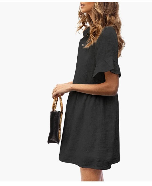 ROYLAMP Womens Tunic Dress Bell Sleeve Split Hem Button up Collared Mini Dress M