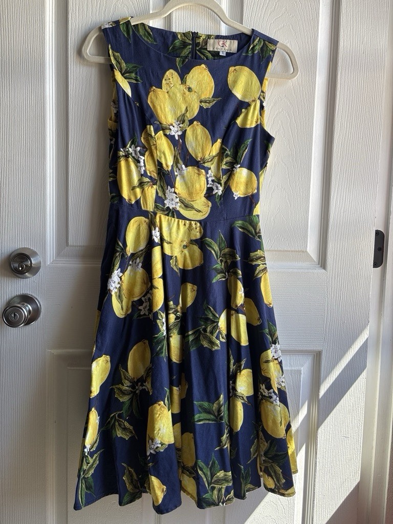 🍋Grace Karin Blue Yellow Floral Fit & Flare Round Neck Knee Dress Sleeveless S